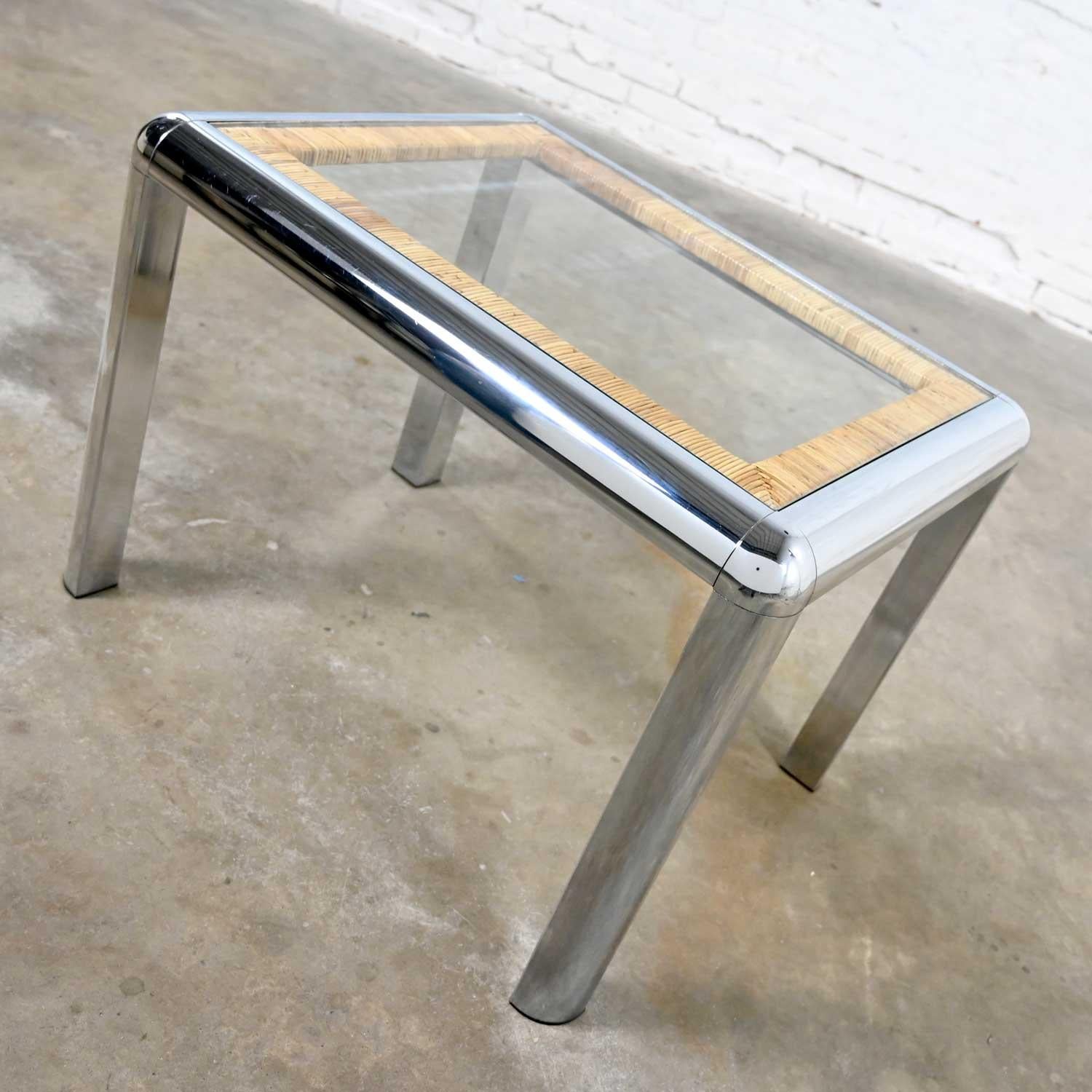 Vintage Modern Rectangular Chrome Glass & Wrapped Rattan Side Table Attr to DIA In Good Condition For Sale In Topeka, KS