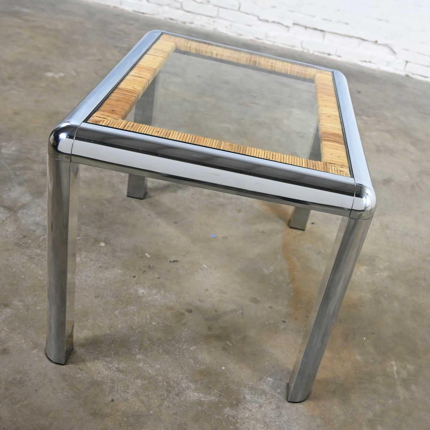 20th Century Vintage Modern Rectangular Chrome Glass & Wrapped Rattan Side Table Attr to DIA For Sale