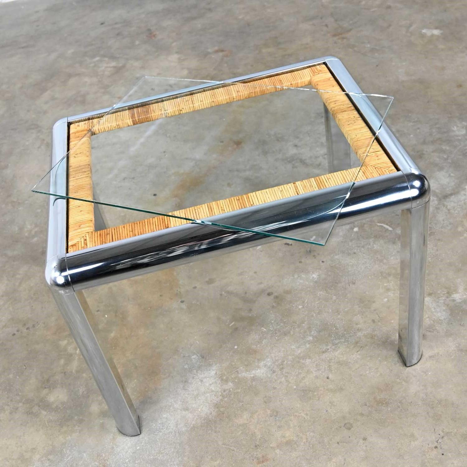 Vintage Modern Rectangular Chrome Glass & Wrapped Rattan Side Table Attr to DIA For Sale 1