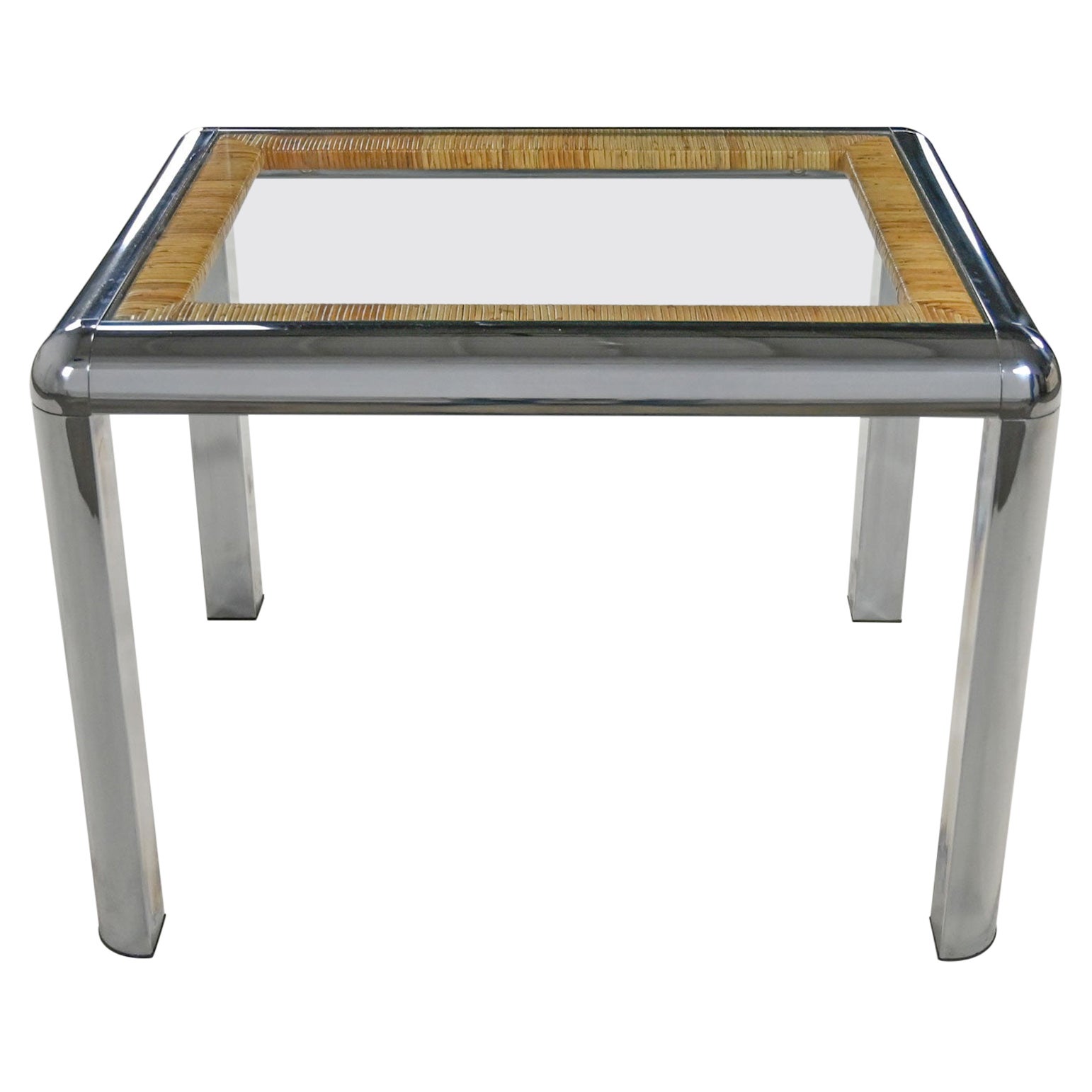 Vintage Modern Rectangular Chrome Glass & Wrapped Rattan Side Table Attr to DIA