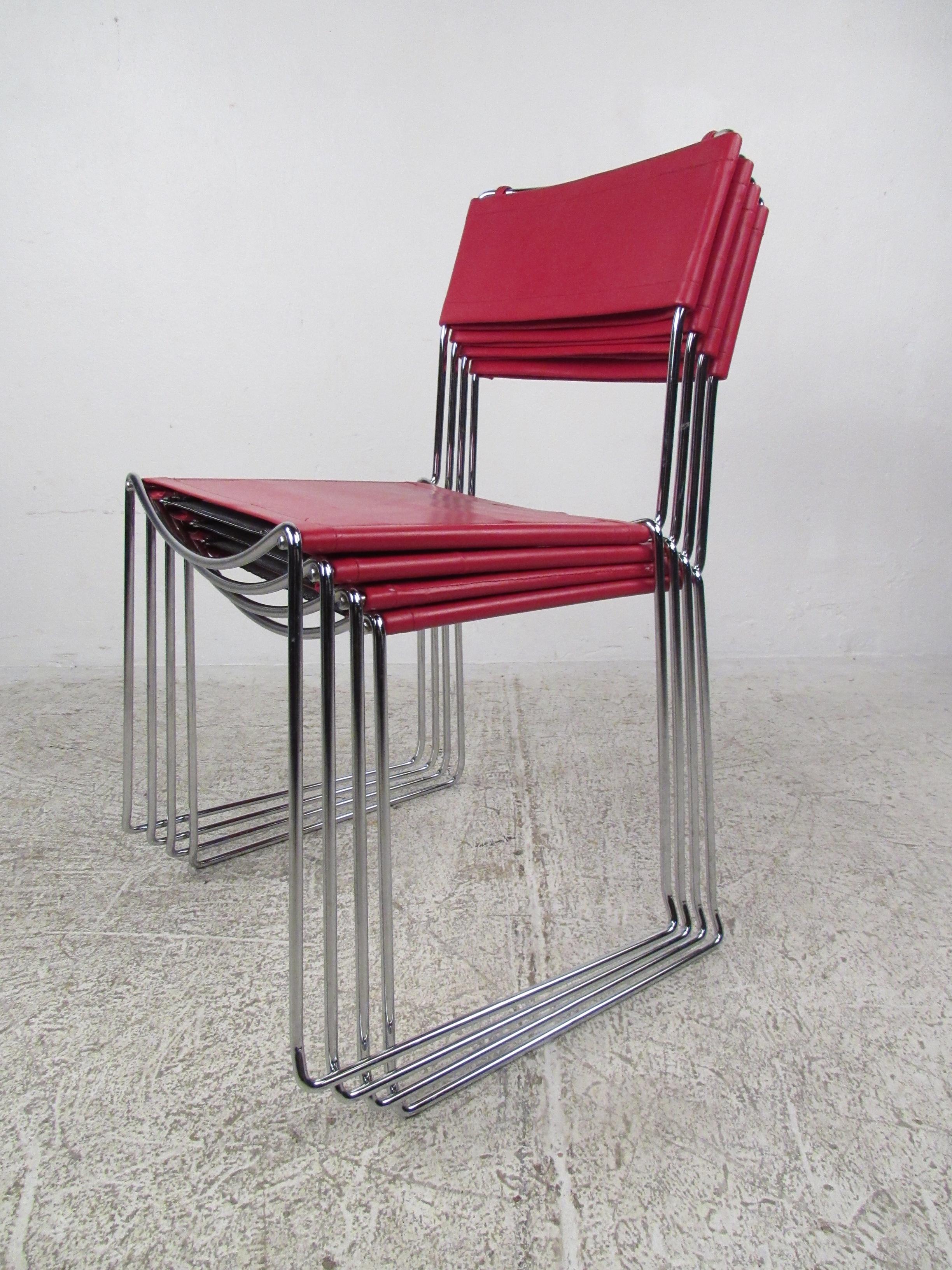 Vintage Modern Red Leather & Chrome Chairs 7