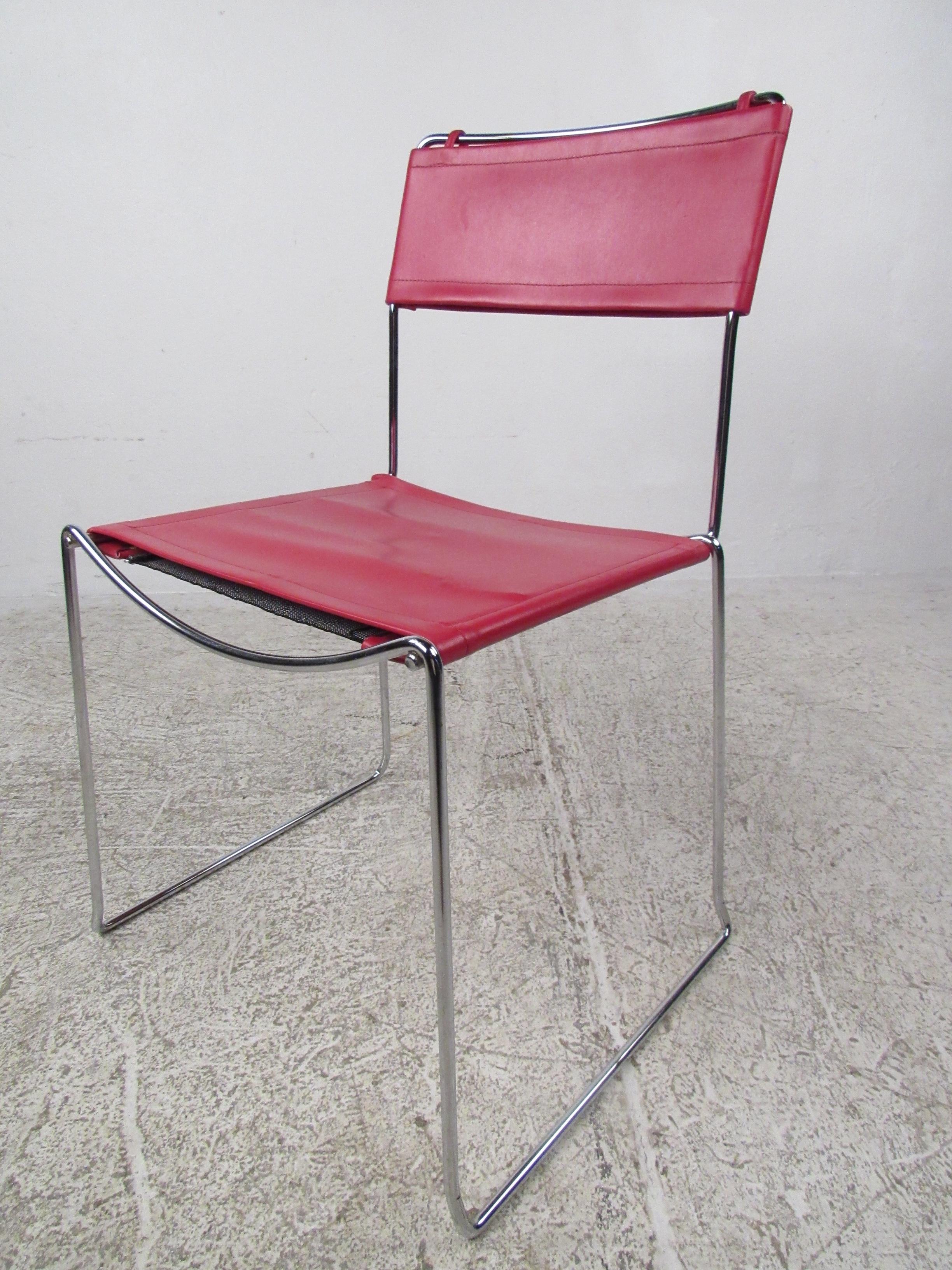 Vintage Modern Red Leather & Chrome Chairs In Good Condition In Brooklyn, NY