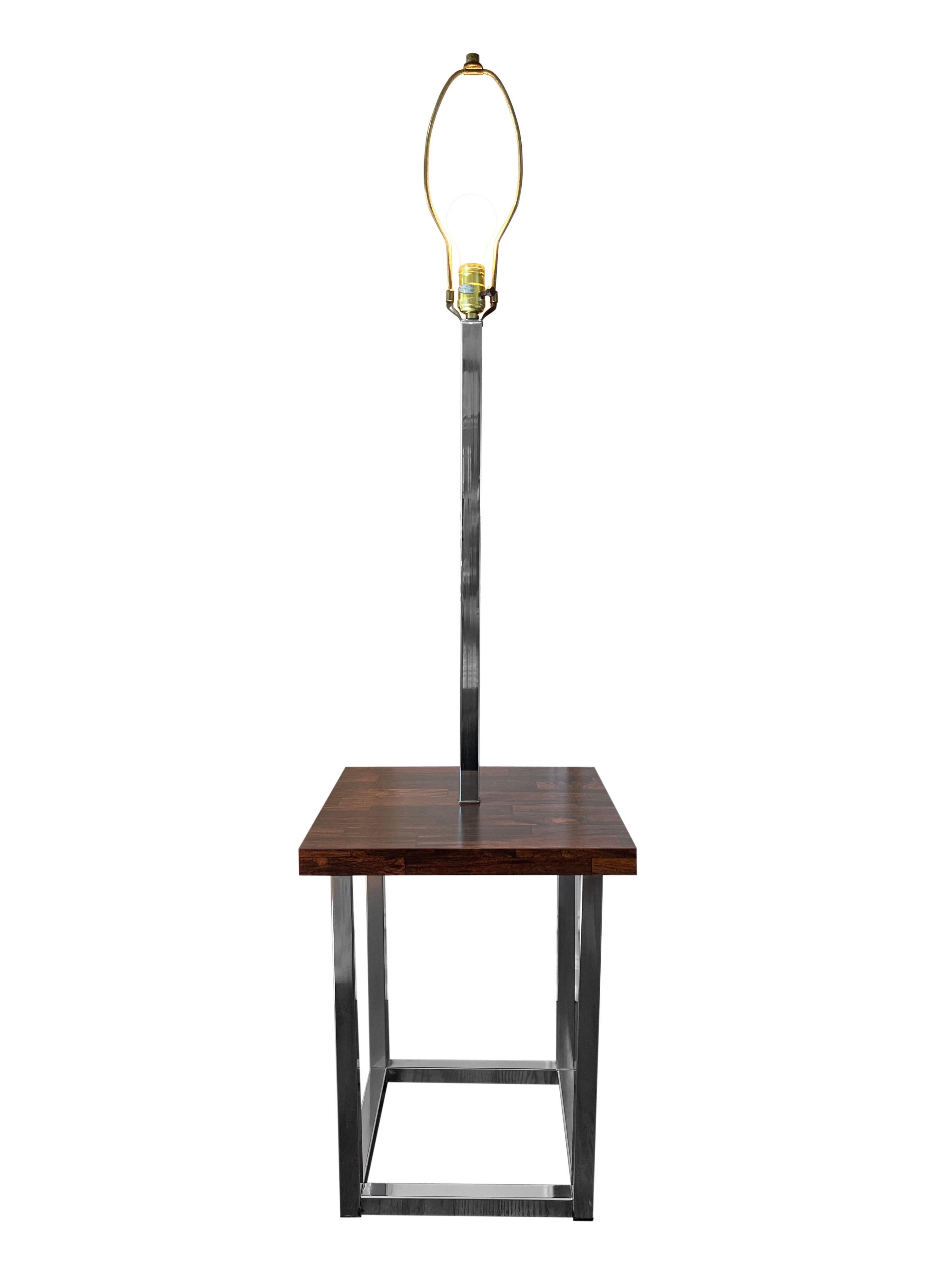 Veneer Vintage Modern Rosewood and Chrome Floor Lamp Table For Sale