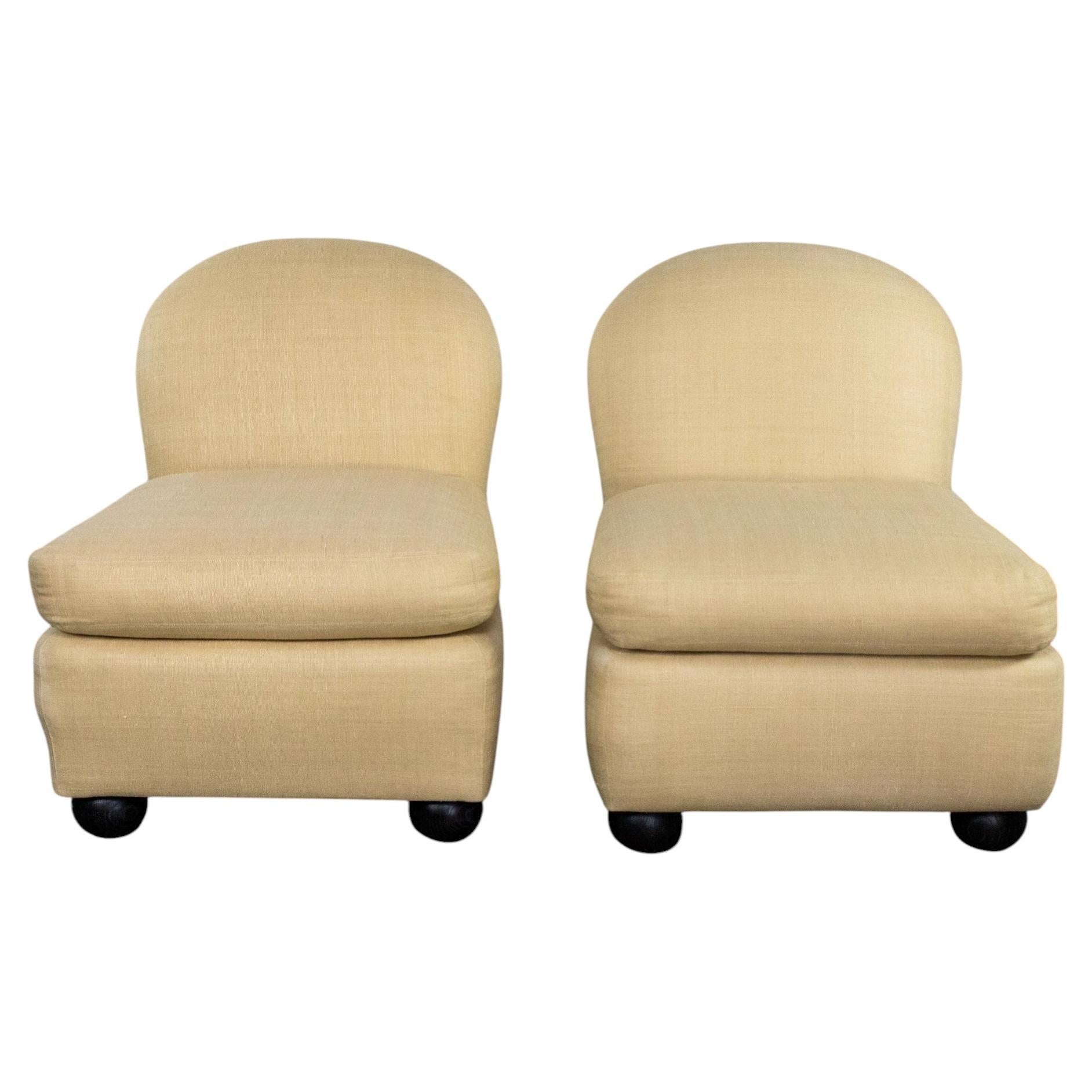 Vintage Modern Round Back Slipper Chairs by Hickory Kay Lyn Tan Upholstery Pair For Sale