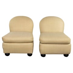 Vintage Modern Round Back Slipper Chairs by Hickory Kay Lyn Tan Upholstery Pair