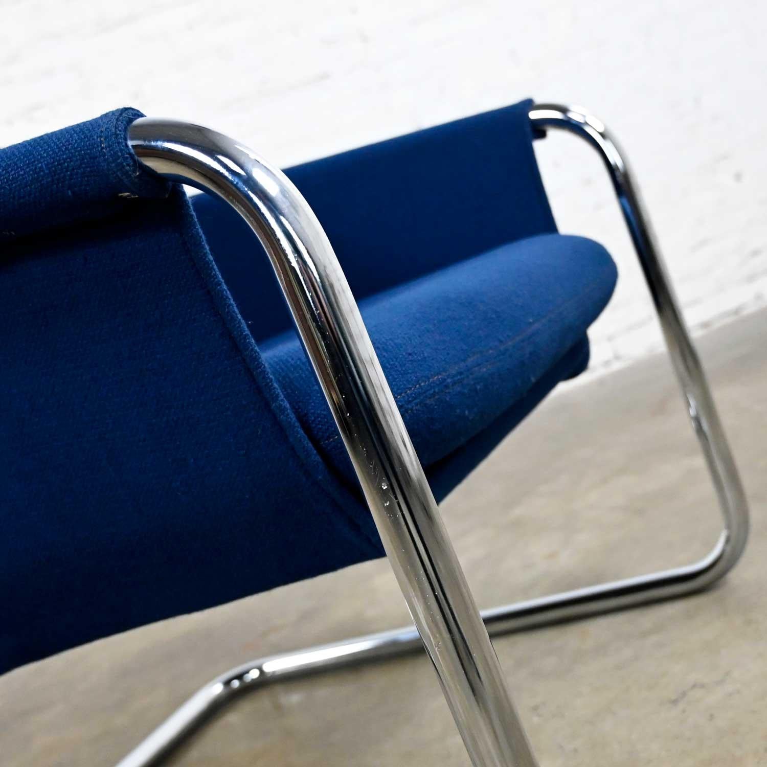 Vintage Modern Royal Blue Hopsacking & Chrome Cantilever Sling Chair For Sale 1