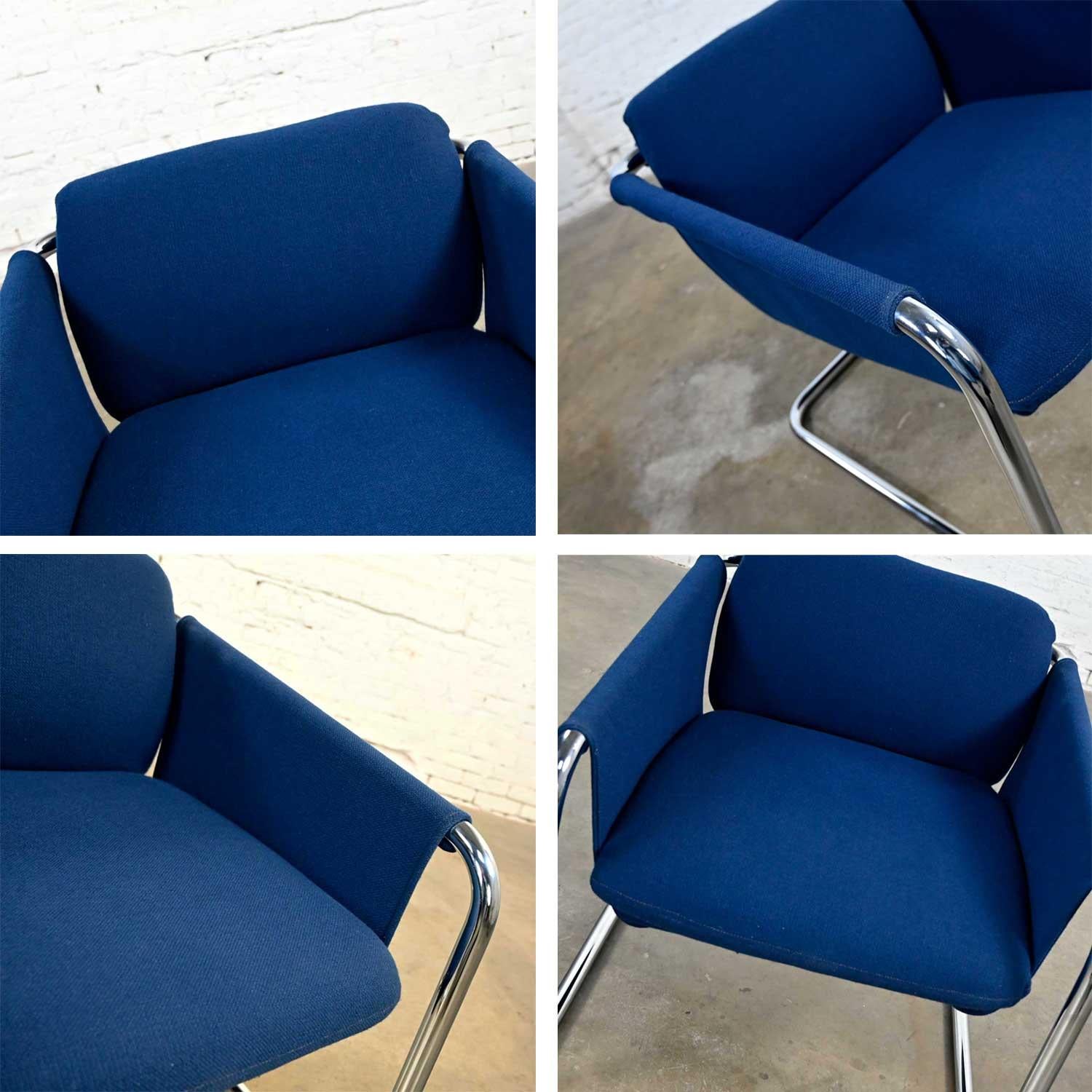 Vintage Modern Royal Blue Hopsacking & Chrome Cantilever Sling Chair For Sale 3