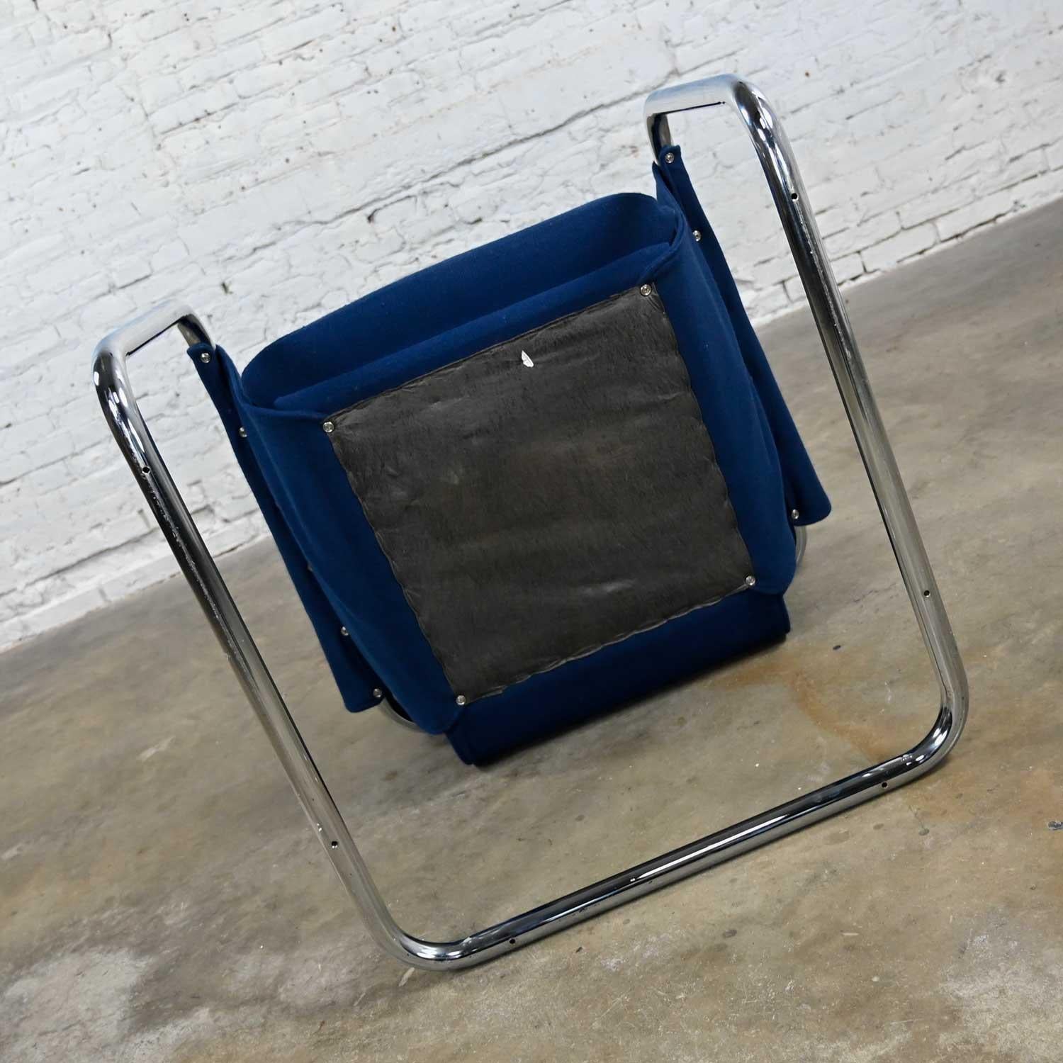 Vintage Modern Royal Blue Hopsacking & Chrome Cantilever Sling Chair For Sale 4