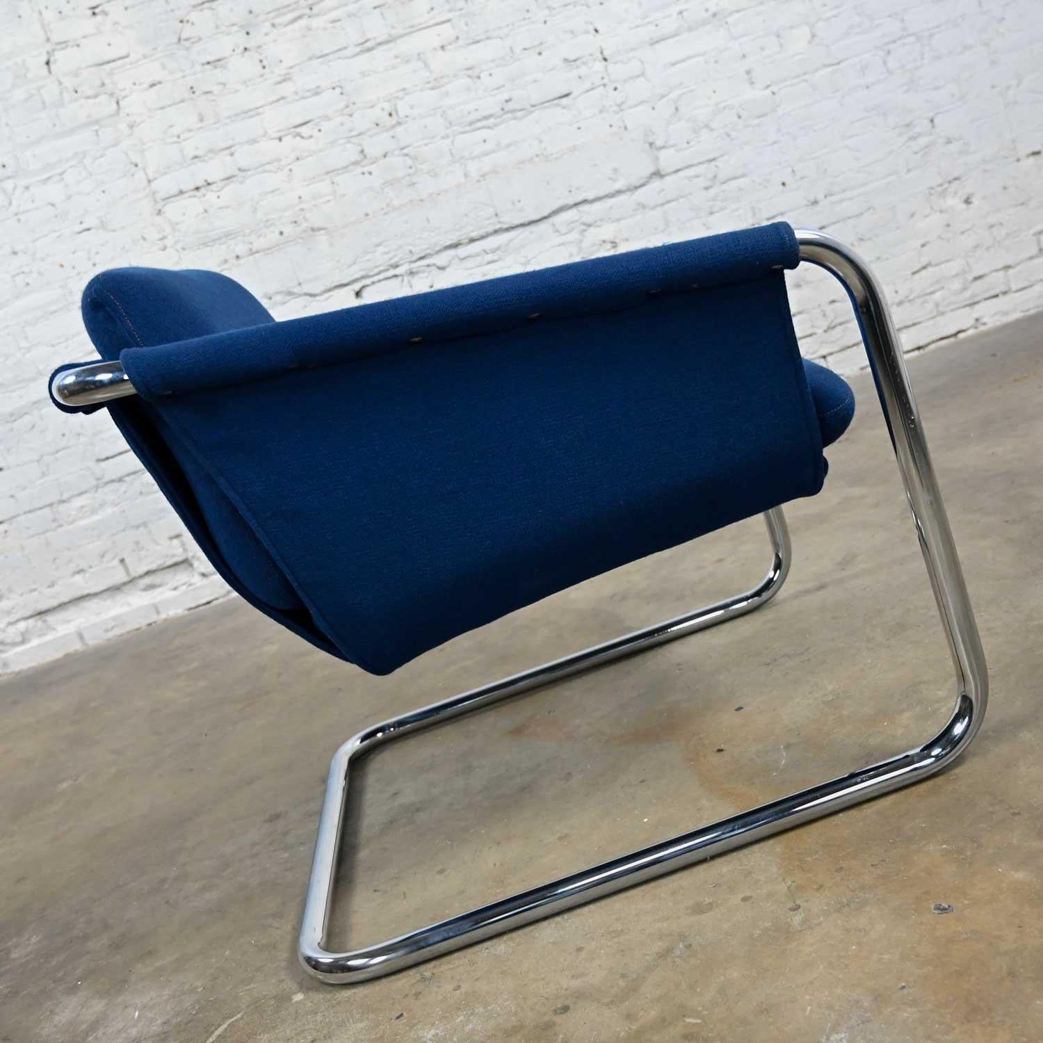 Unknown Vintage Modern Royal Blue Hopsacking & Chrome Cantilever Sling Chair For Sale