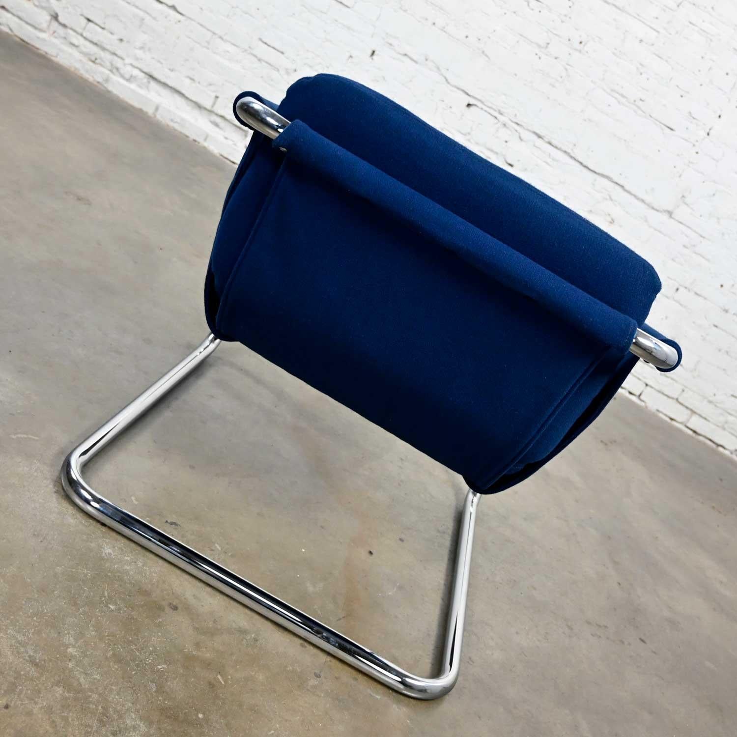Fabric Vintage Modern Royal Blue Hopsacking & Chrome Cantilever Sling Chair For Sale
