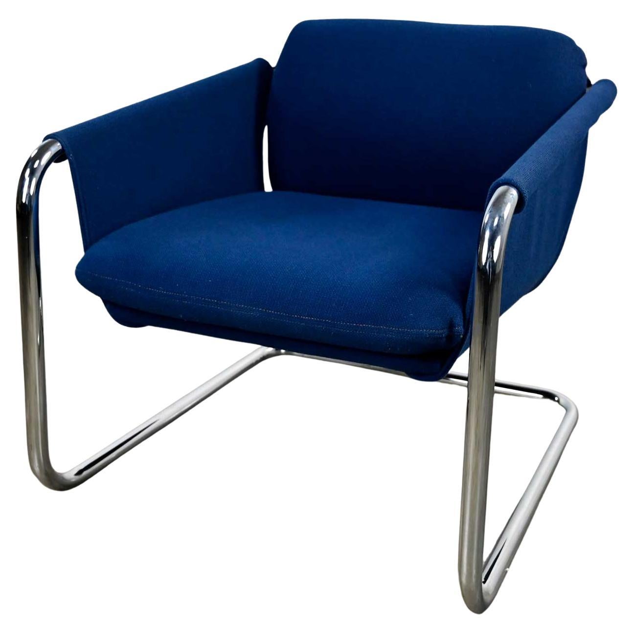 Vintage Modern Royal Blue Hopsacking & Chrome Cantilever Sling Chair For Sale