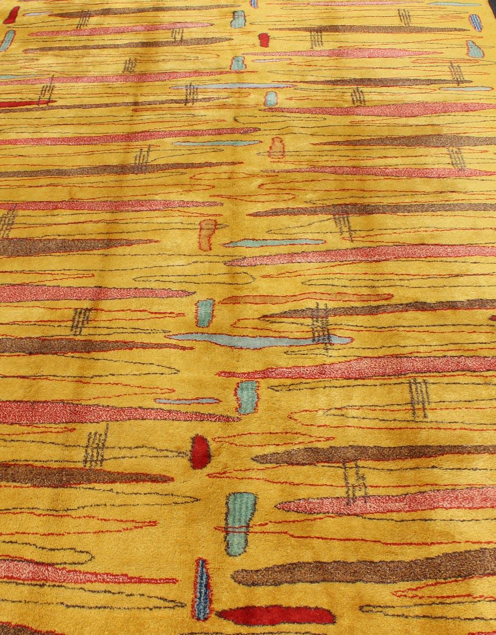 Vintage Modern Rug with Yellow Background and Multicolored Etched Pattern For Sale 2