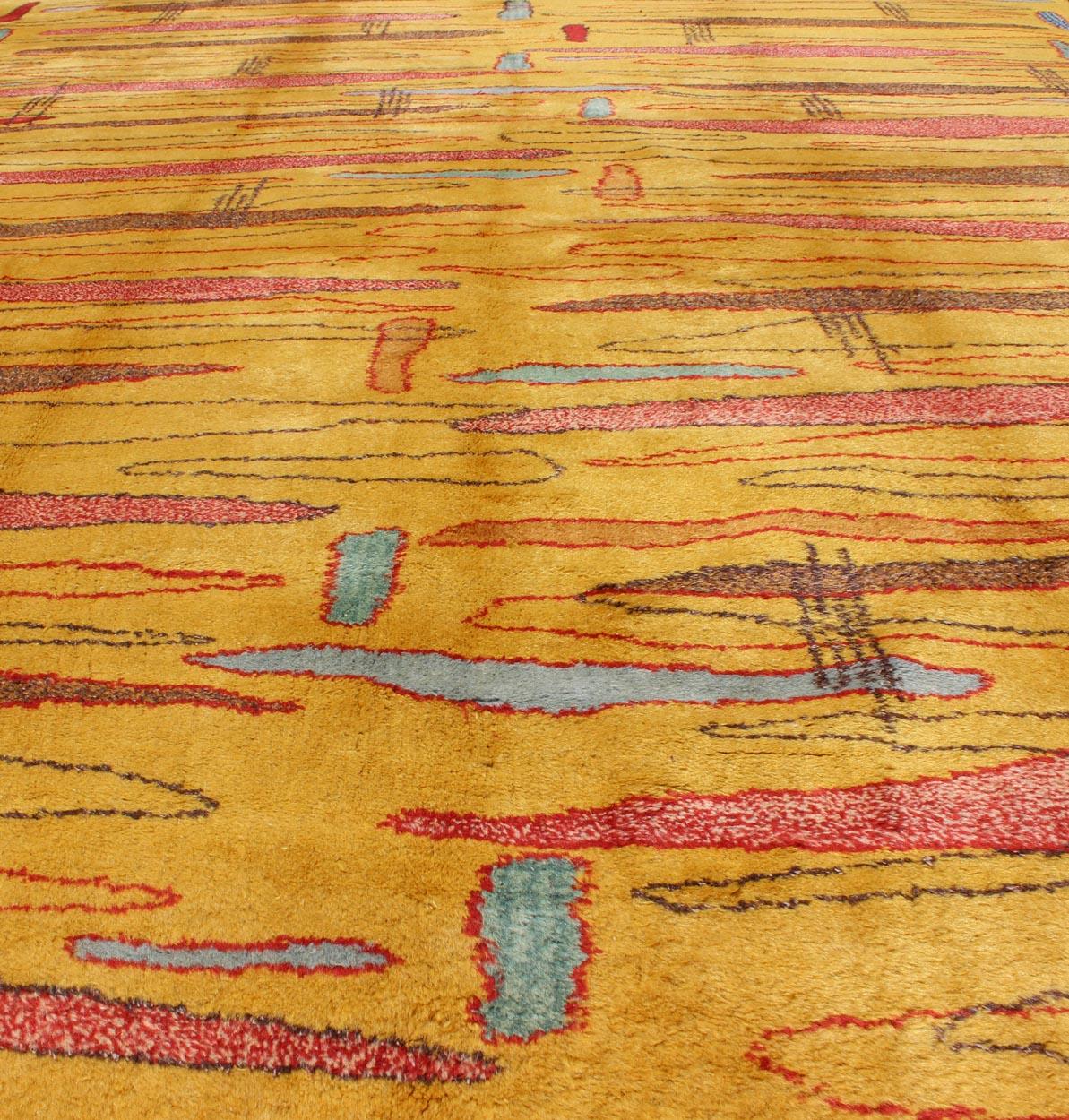 Vintage Modern Rug with Yellow Background and Multicolored Etched Pattern For Sale 3