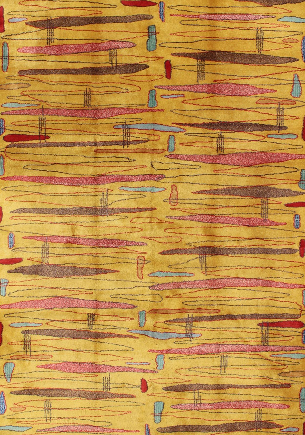 Mid-Century Modern Vintage Modern Rug with Yellow Background and Multicolored Etched Pattern For Sale