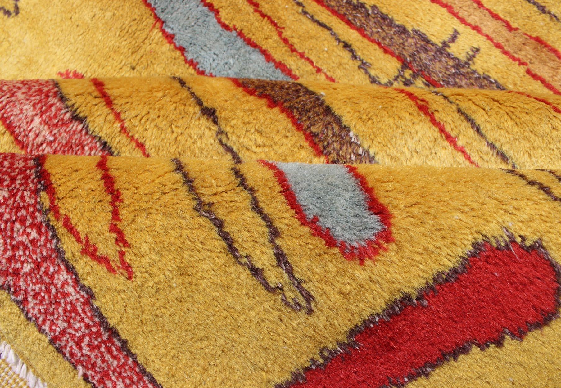 Hand-Knotted Vintage Modern Rug with Yellow Background and Multicolored Etched Pattern For Sale