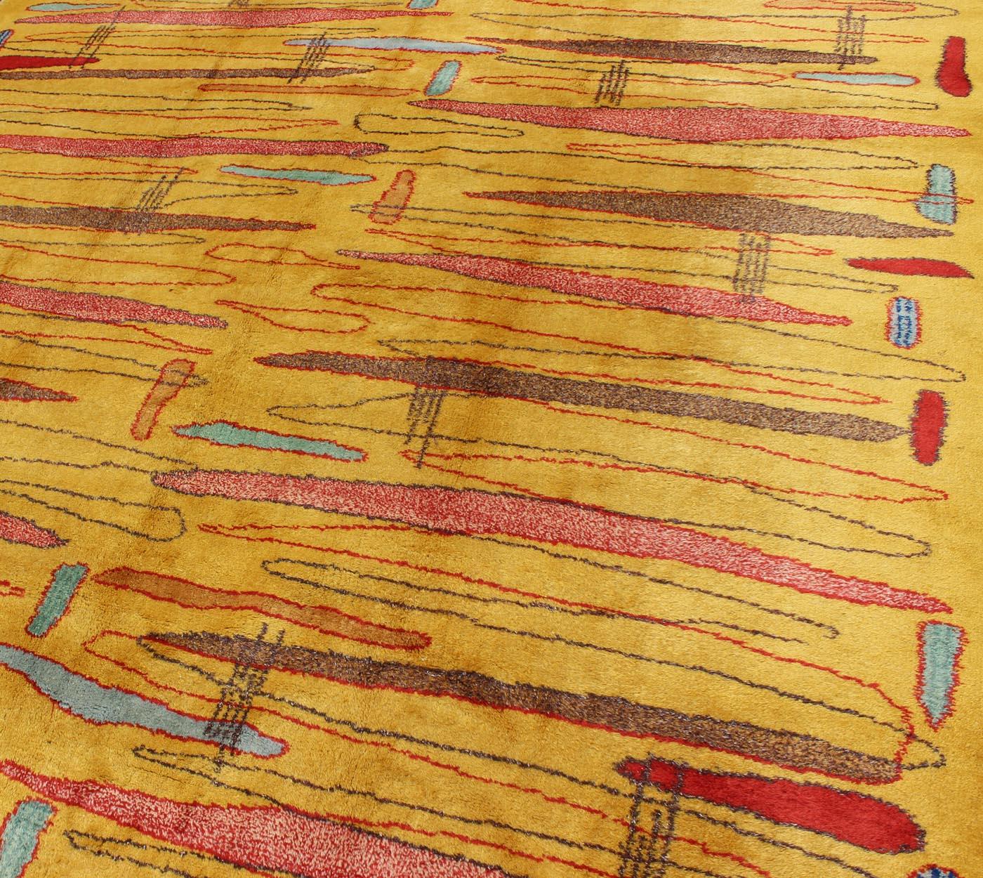 Vintage Modern Rug with Yellow Background and Multicolored Etched Pattern For Sale 1