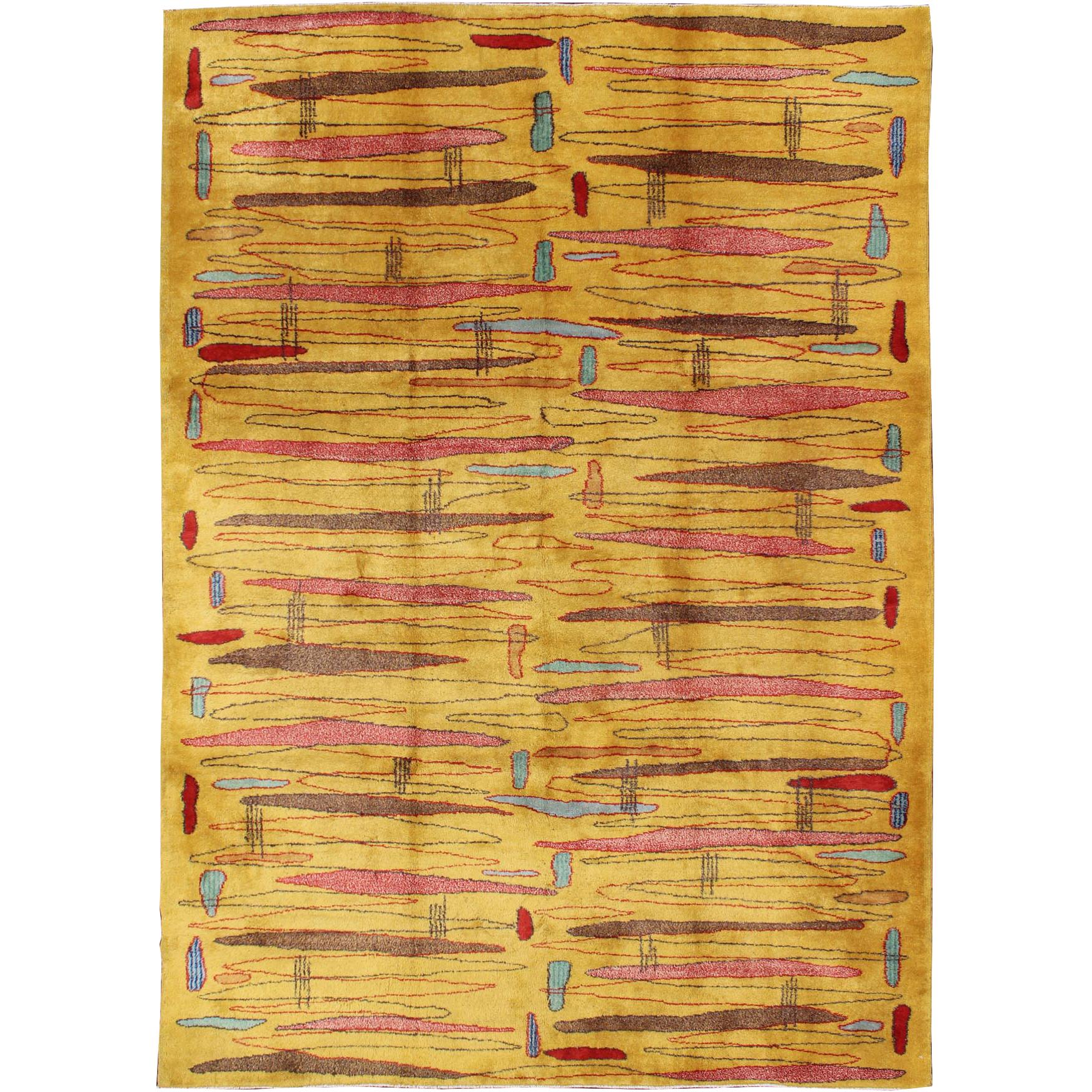 Vintage Modern Rug with Yellow Background and Multicolored Etched Pattern For Sale