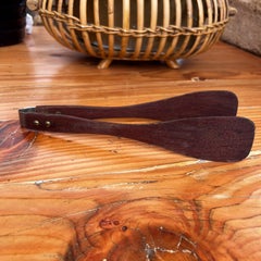 Vintage Modern Salad Servers Tongs Red Iron Bark Wood and Brass