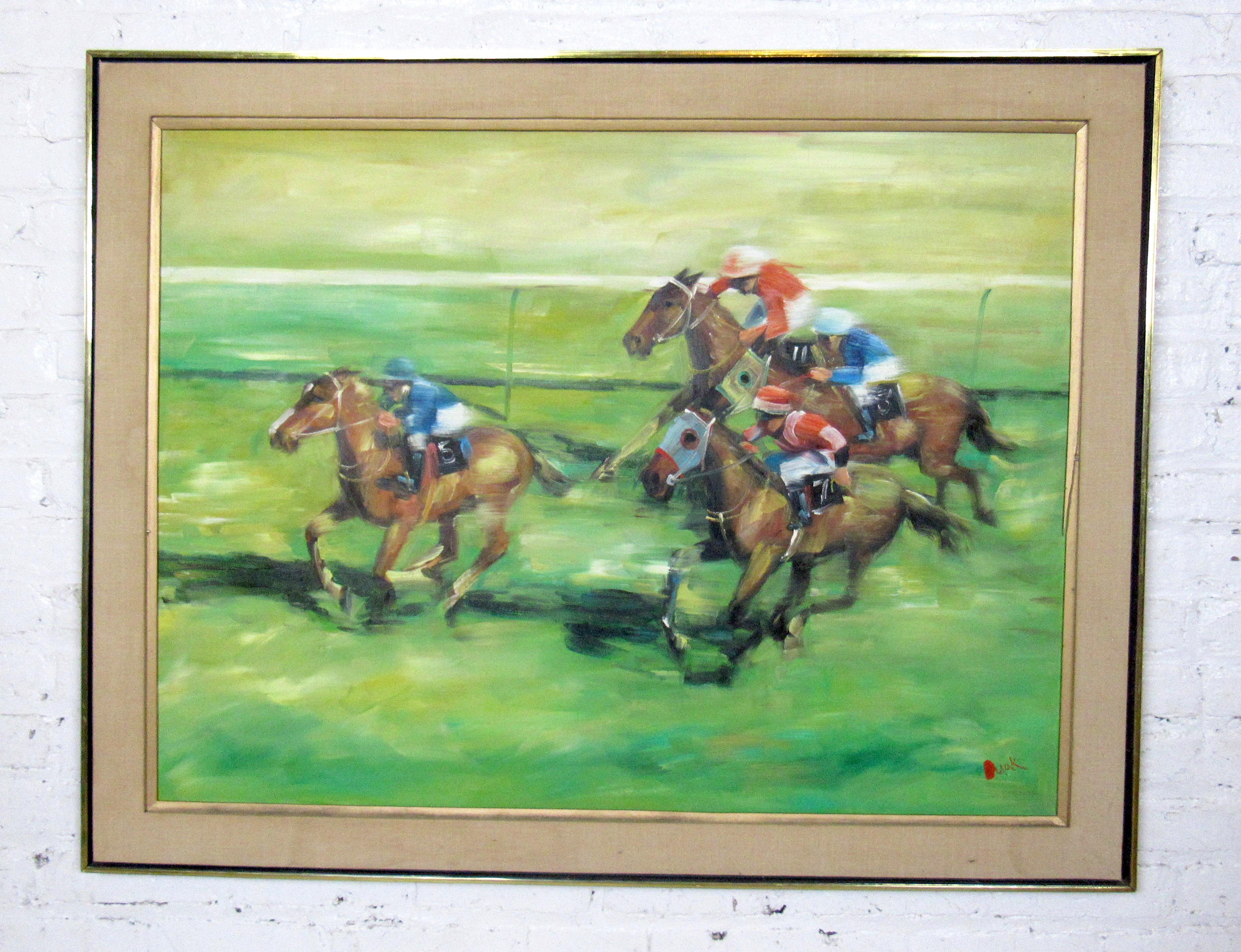 Framed Mid-Century Modern style painting featuring jockeys racing signed by the artist.

Please confirm item location NY or NJ with dealer.