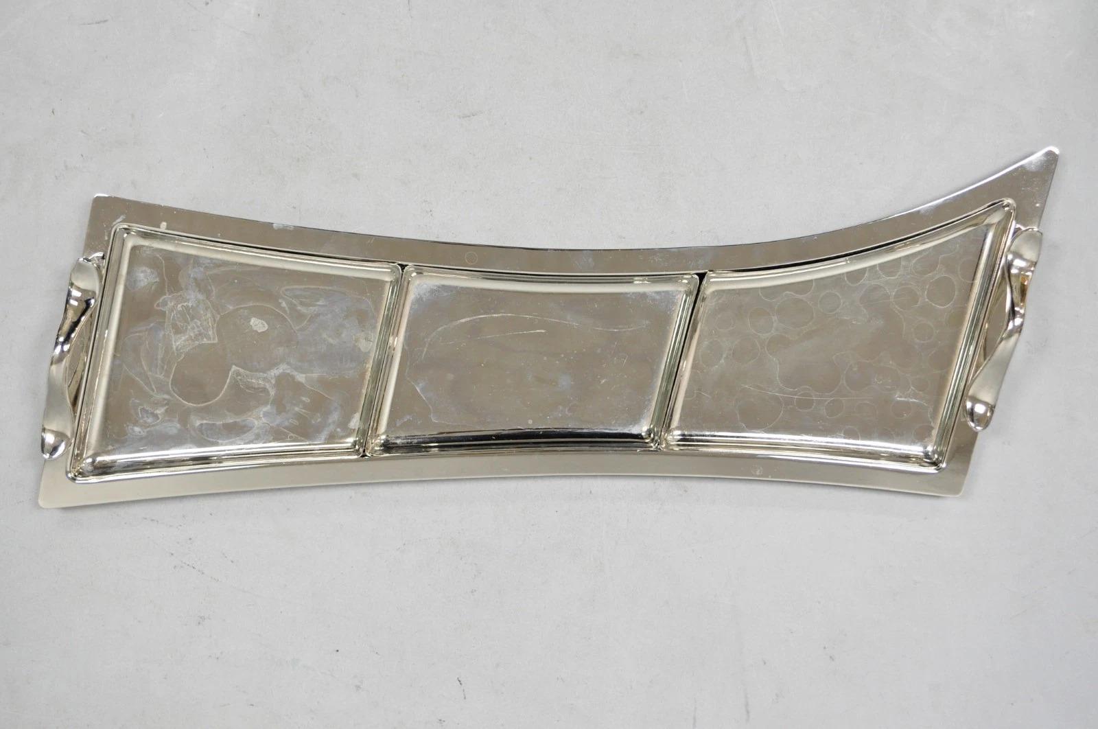 Vintage Modern Silver Plated 3 Section Narrow Serving Tray Trinket Dish by Towle Bon état - En vente à Philadelphia, PA