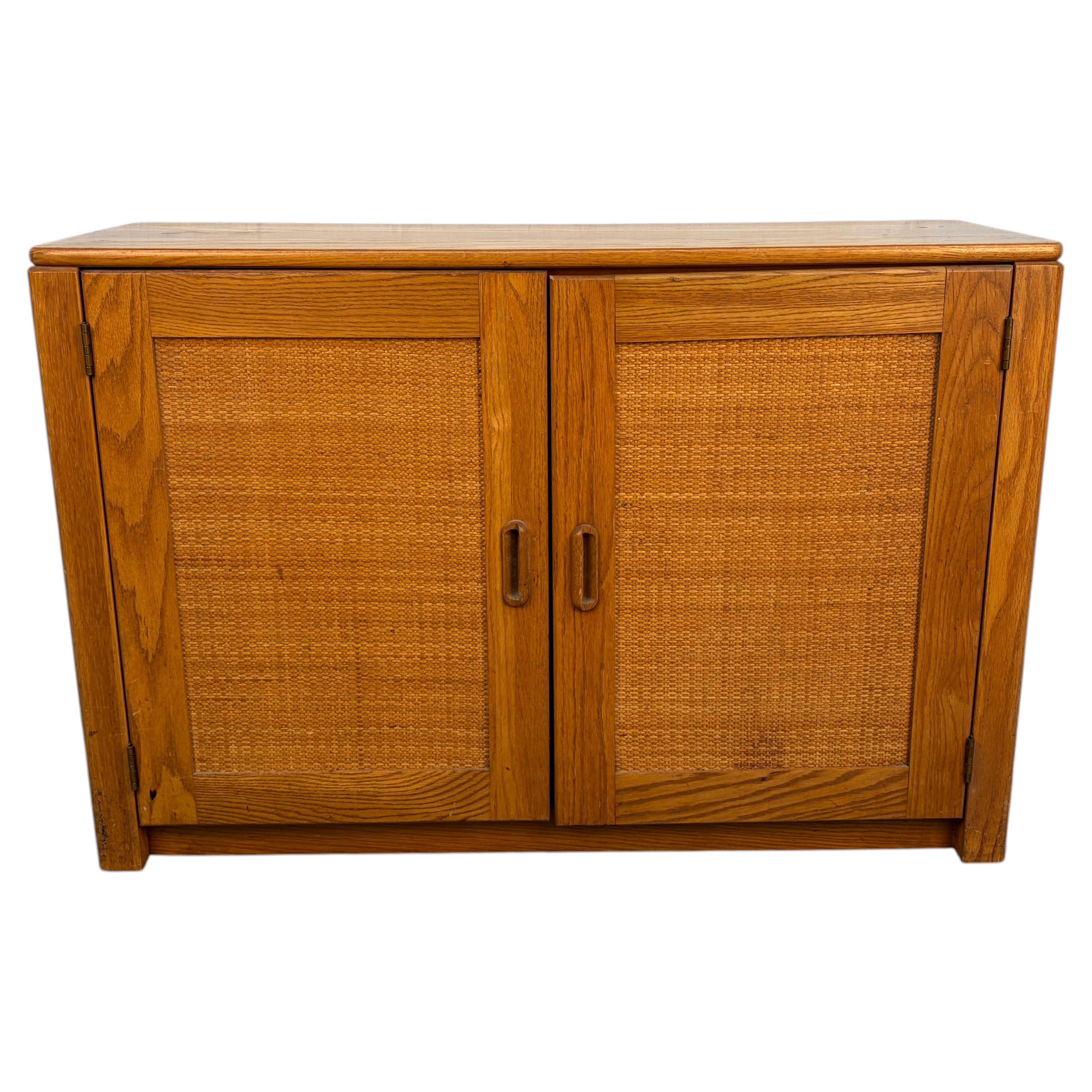 Vintage Modern Solid Oak & Woven Rattan Bar Cabinet
