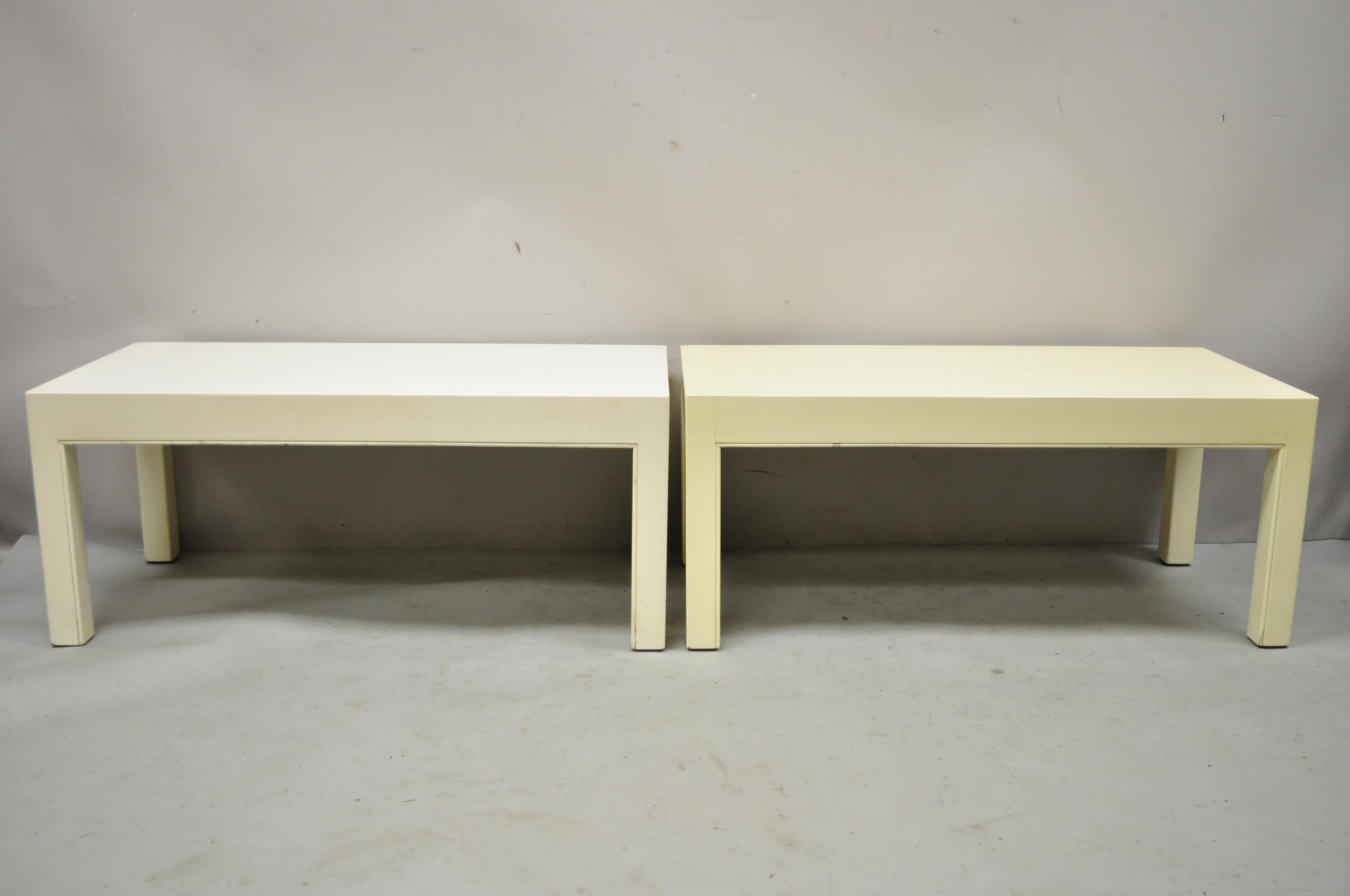Vintage Modern Solid Wood Cream Lacquered Parsons Low Pedestal Side Tables - a Pair. Item features solid wood construction, cream/white lacquer finish, solid wood construction, very nice vintage item, clean modernist lines, quality craftsmanship.