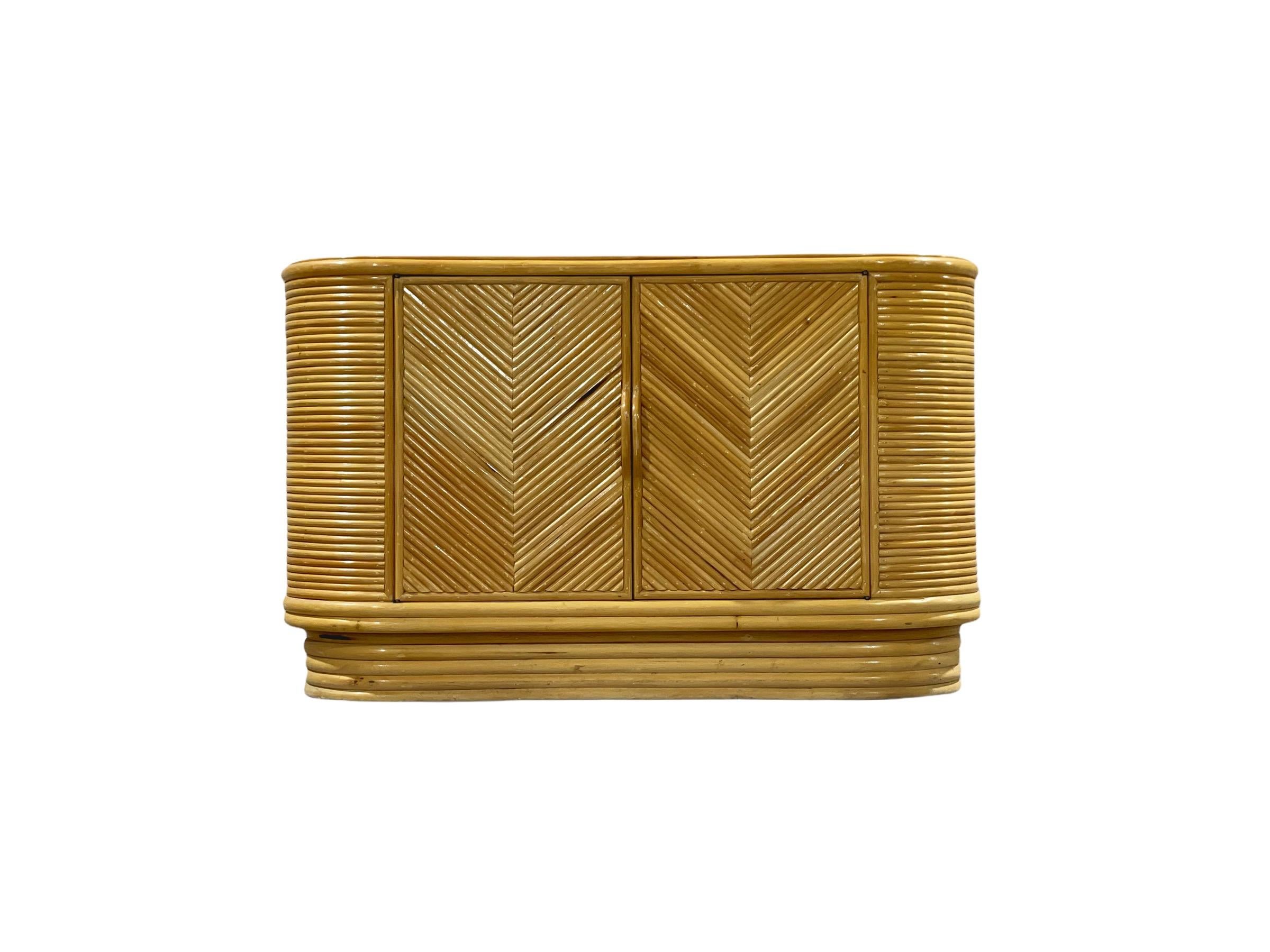 Late 20th Century Vintage Modern Split Reed Bamboo Rattan Oval Shape Credenza, Circa 1975