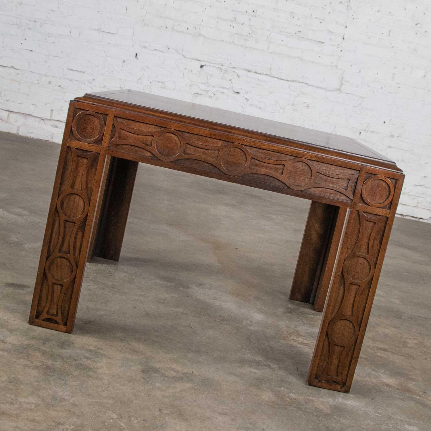 American Vintage Modern Square Lane End Side Table Carved Leg Design & Chevron Veneer For Sale