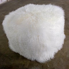 Vintage Modern Square Ottoman or Pouf with White Mongolian Sheepskin