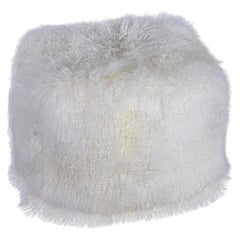 Vintage Modern Square Ottoman or Pouf with White Mongolian Sheepskin