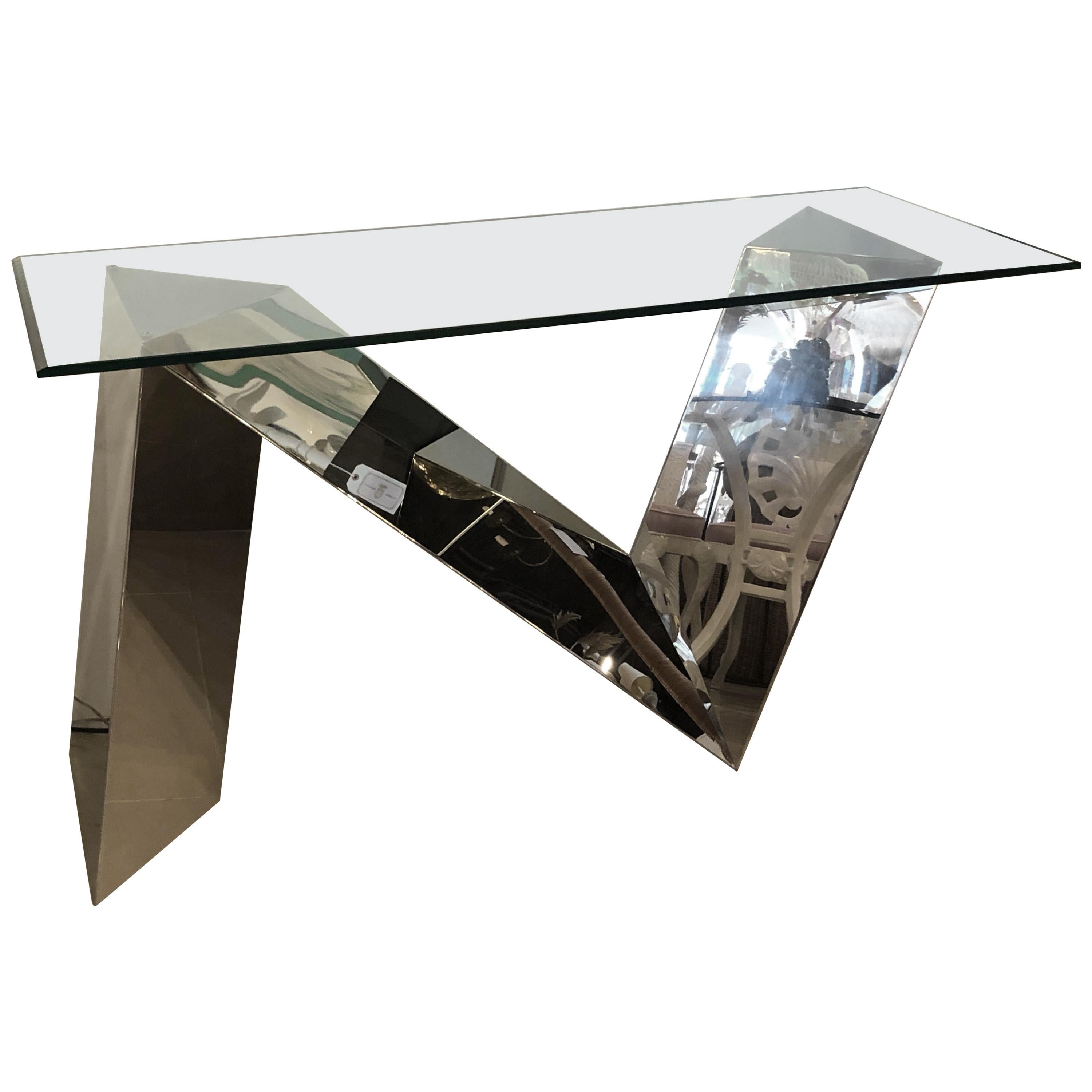 Vintage Modern Stainless Steel Chrome Polished Zig Zig Console Table