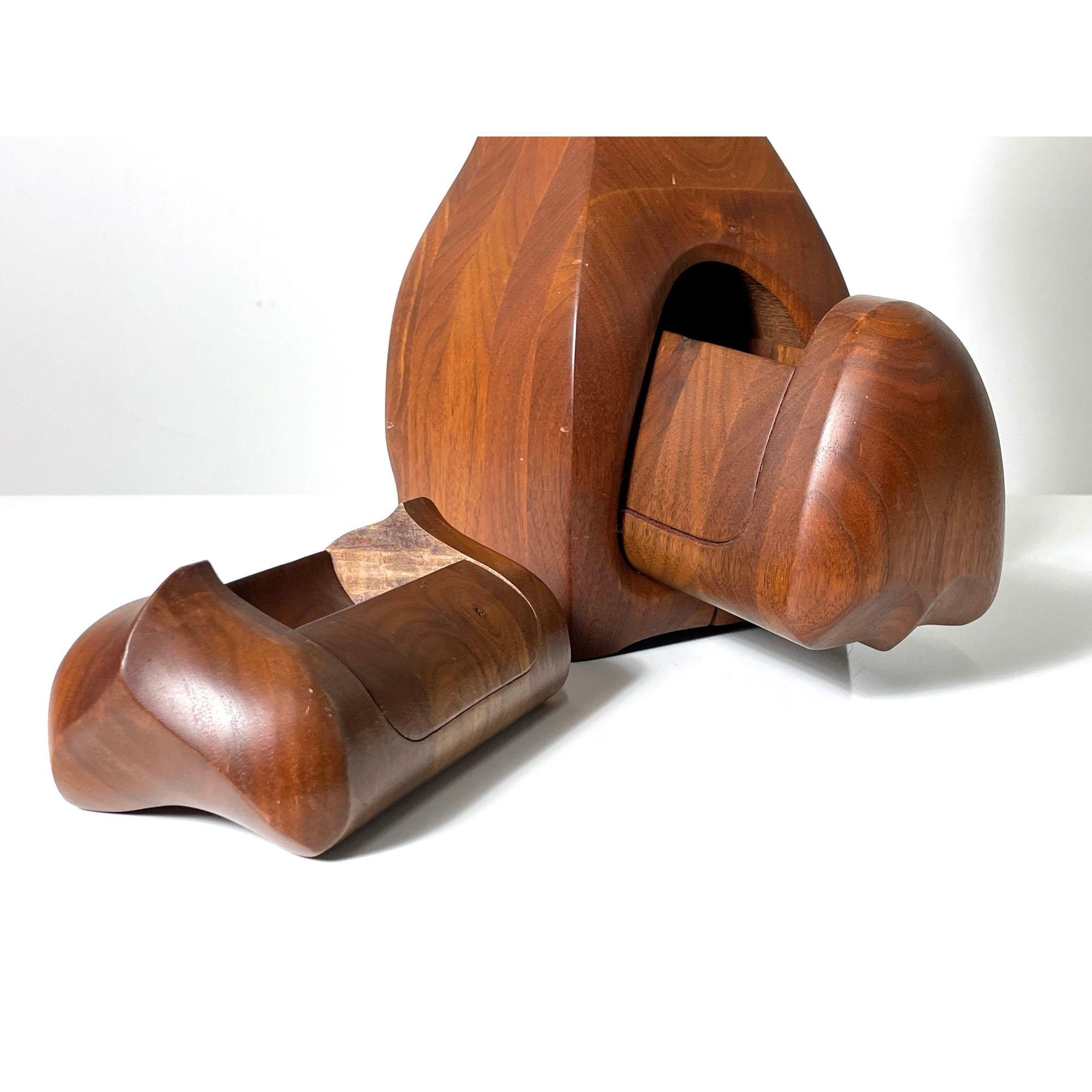 Vintage Modern Studio Craft Carved Wood Artist Signed Puzzle Box in Walnut 1982 For Sale 1
