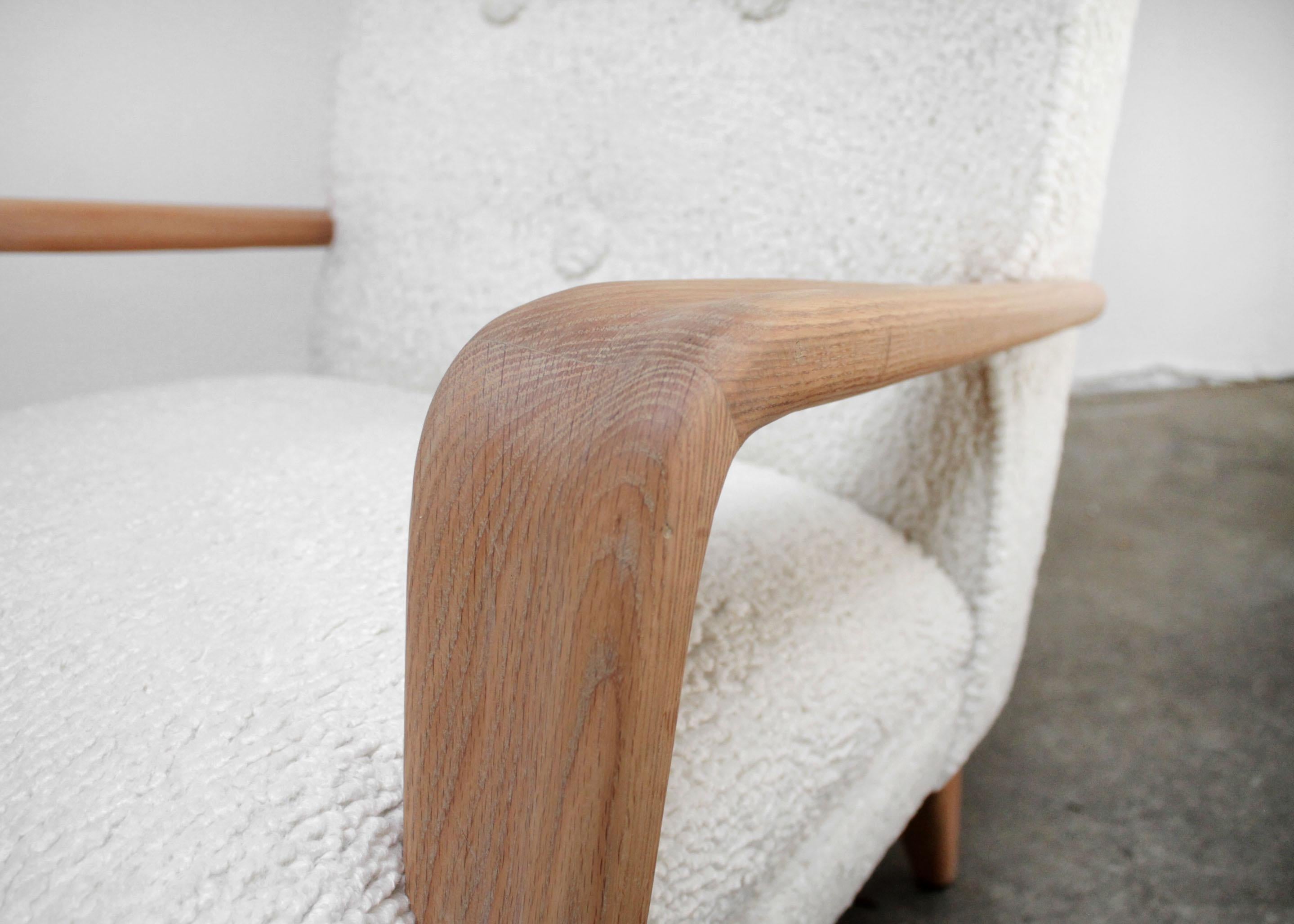 Contemporary Vintage Modern Style Chair with White Oak Arms and Faux Sheep Upholstery