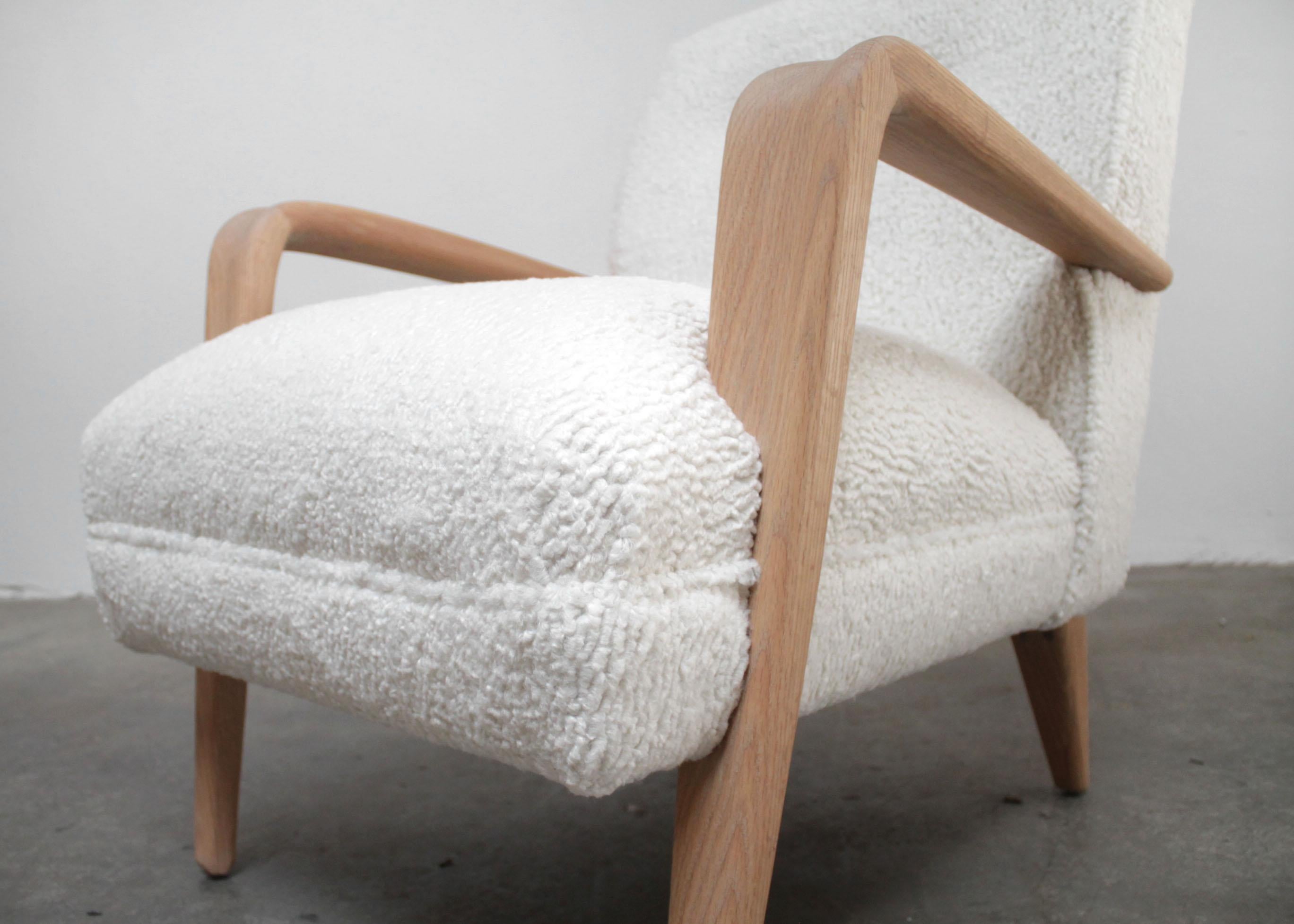 Vintage Modern Style Chair with White Oak Arms and Faux Sheep Upholstery 1