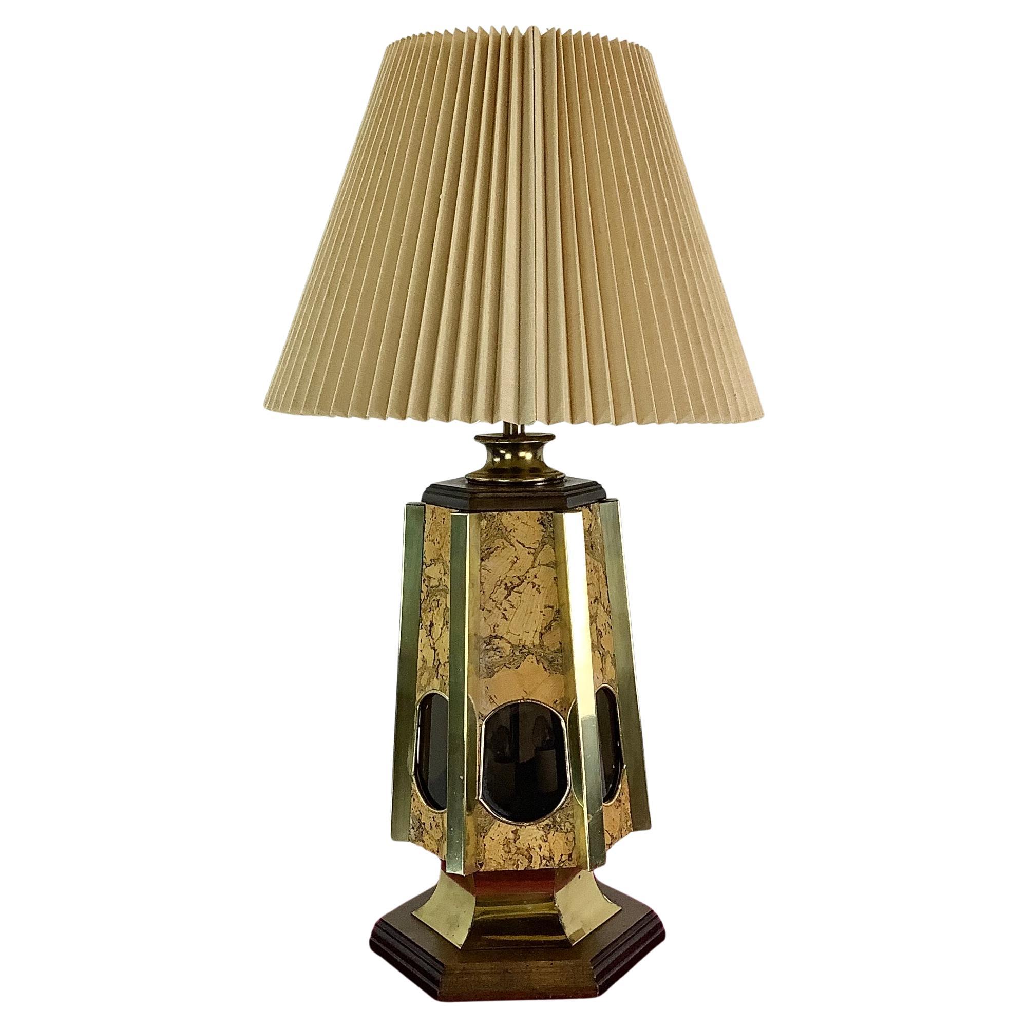 Vintage Modern Table Lamp In Cork and Brass
