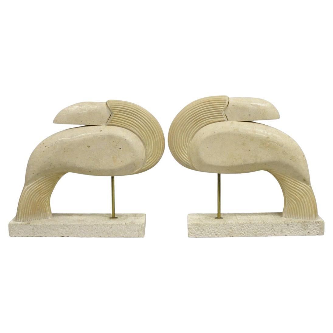 Vintage Modern Tessellated Travertine Marble Stone Toucan Bird Sculpture - Pair