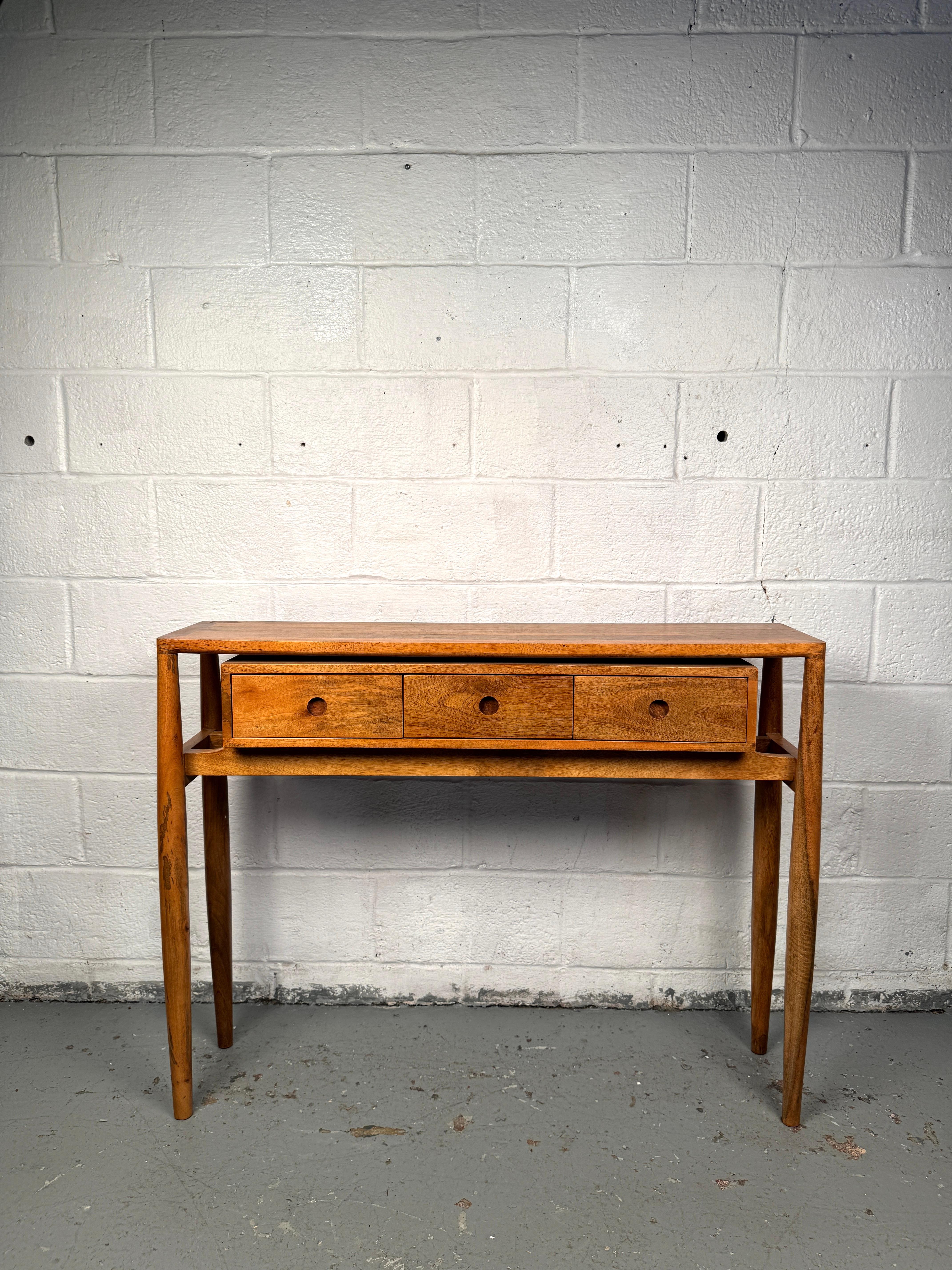 For your consideration a Vintage Modern Three Drawer Console Table. Featuring three drawers and a slim profile, this piece is perfect for an entry or hallway where space is limited. 

Please confirm location with seller (NY or NJ)