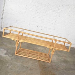 Vintage Modern Three-Tiered Rattan and Glass T-Shaped Console Sofa Table