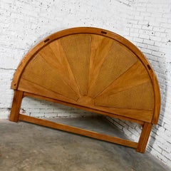 Vintage Modern to Postmodern Arched Rising Sun Pattern Oak & Cane King Headboard