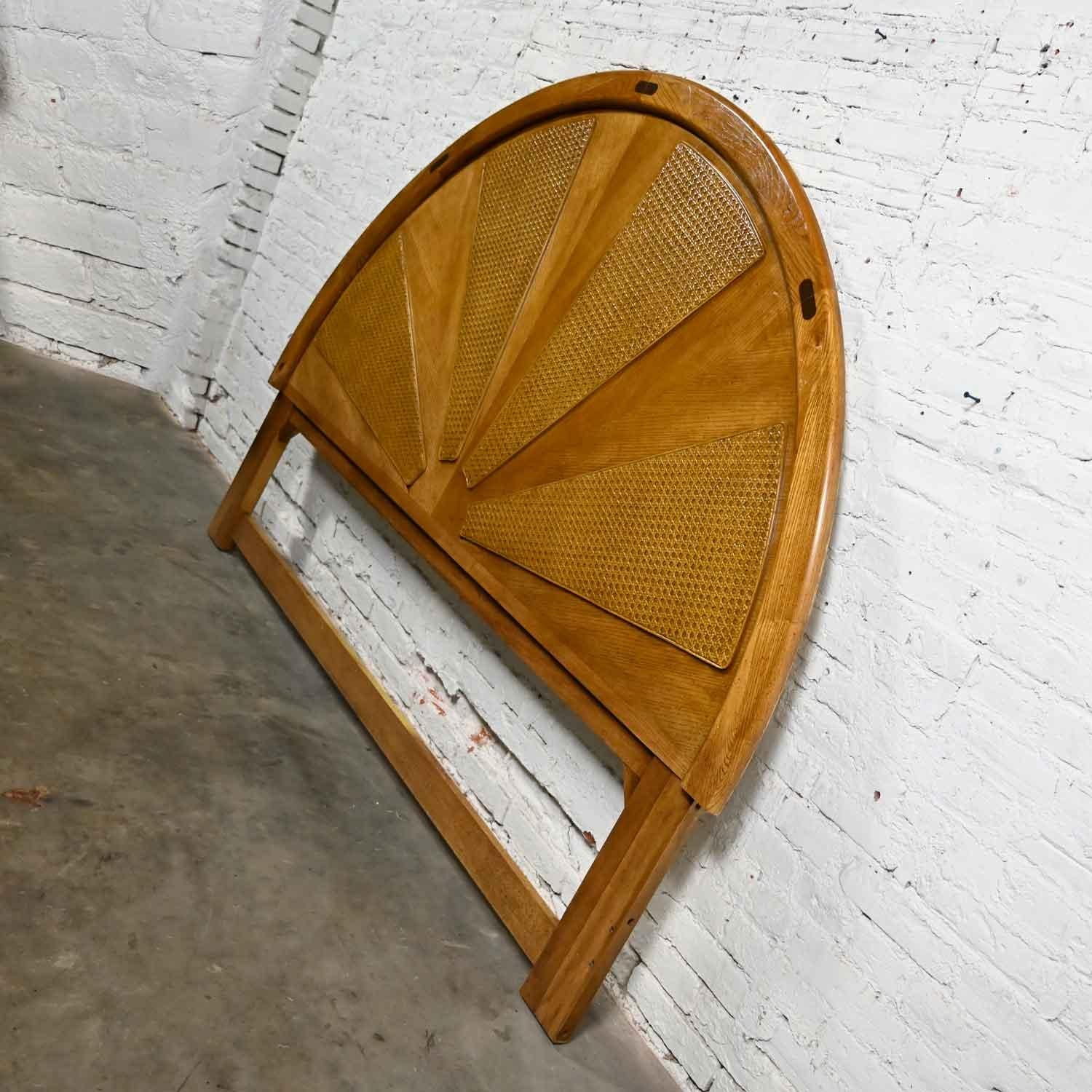Unknown Vintage Modern to Postmodern Arched Rising Sun Pattern Oak & Cane King Headboard For Sale