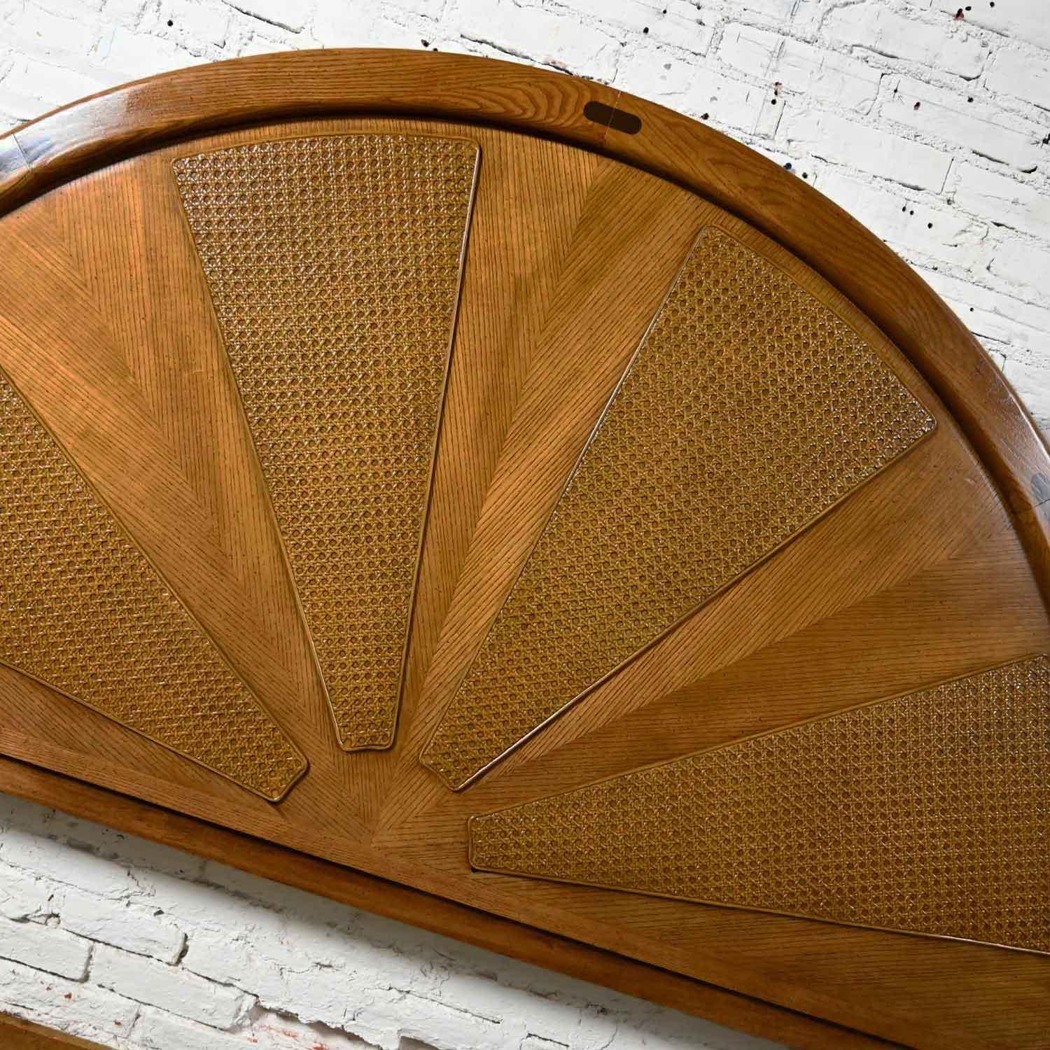 Vintage Modern to Postmodern Arched Rising Sun Pattern Oak & Cane King Headboard 1