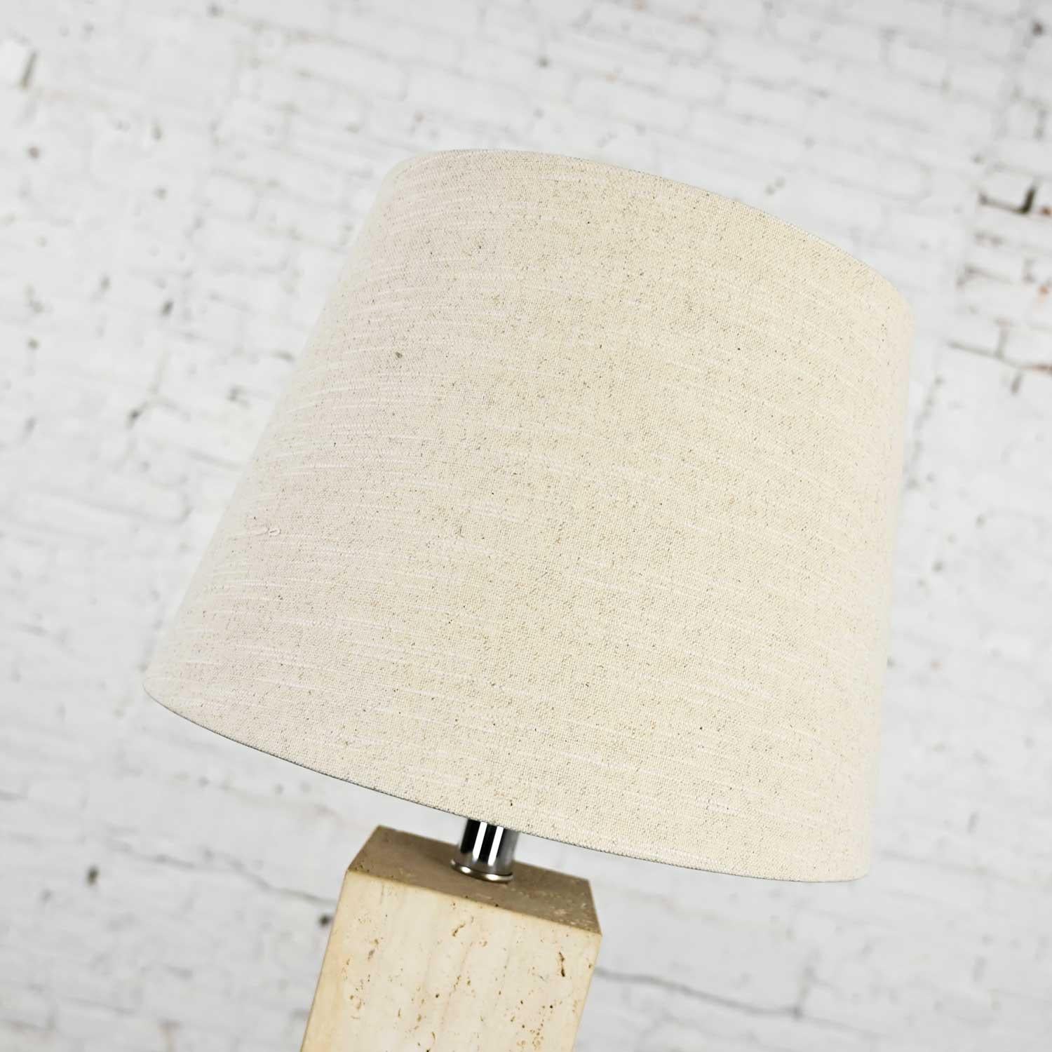 Vintage Modern Travertine Square Block Table Lamp Oatmeal Linen Tapered Drum For Sale 5