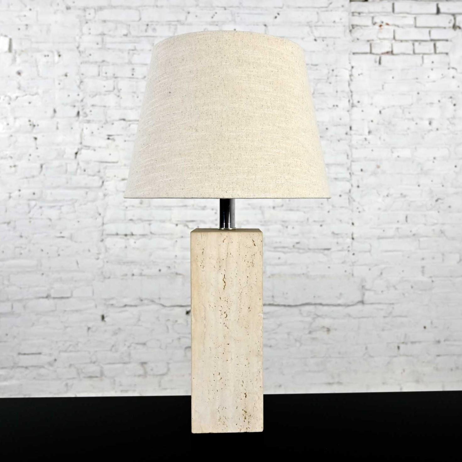 Vintage Modern Travertine Square Block Table Lamp Oatmeal Linen Tapered Drum For Sale 6