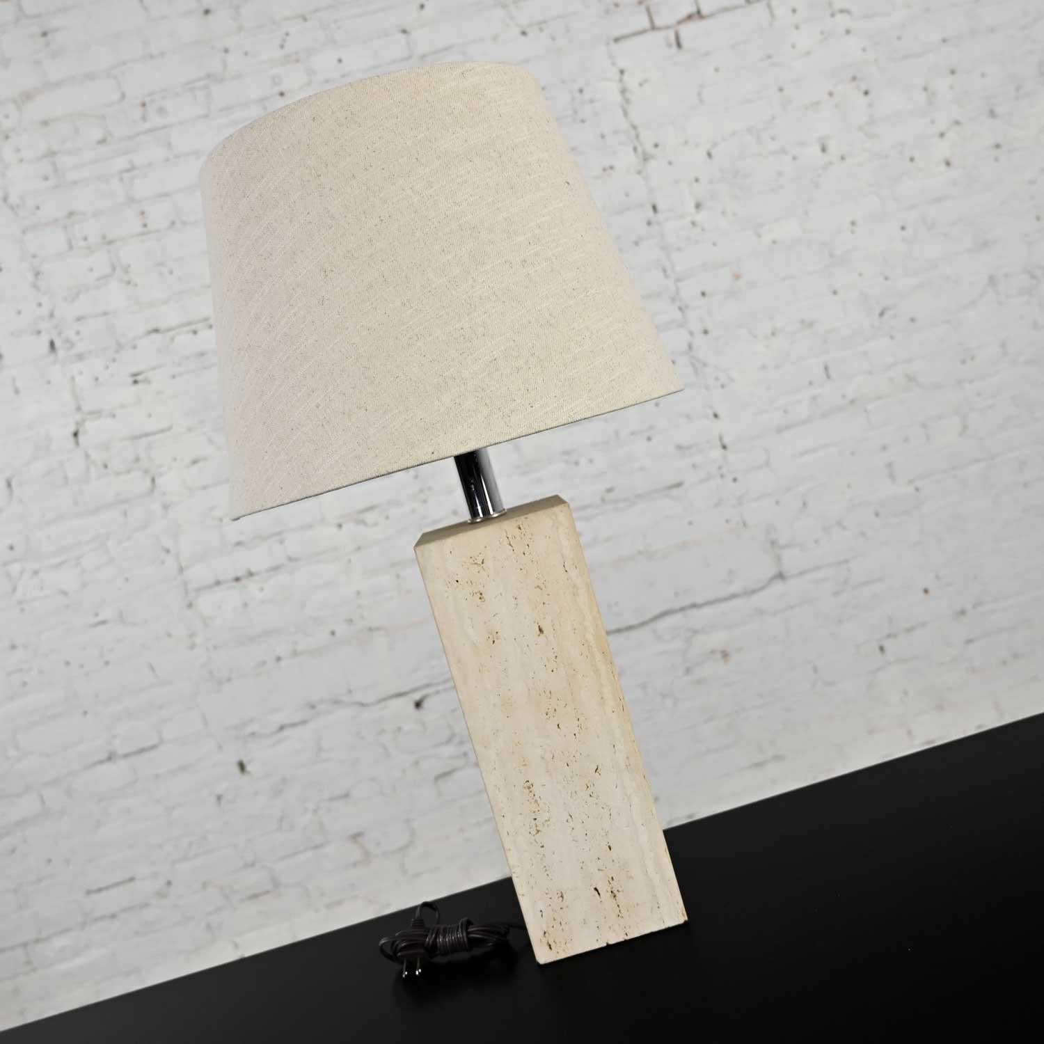 Unknown Vintage Modern Travertine Square Block Table Lamp Oatmeal Linen Tapered Drum For Sale