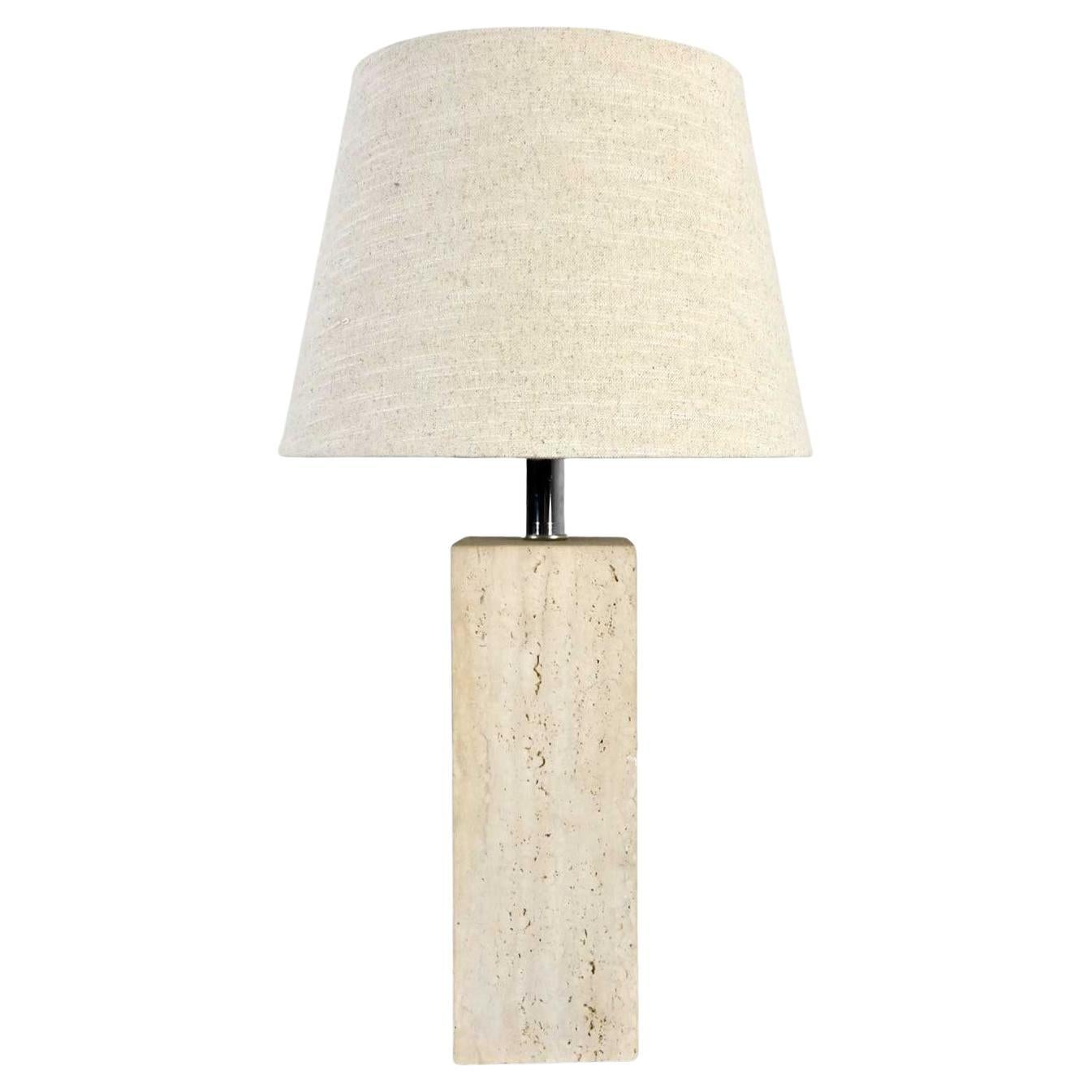 Vintage Modern Travertine Square Block Table Lamp Oatmeal Linen Tapered Drum For Sale