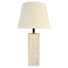 Vintage Modern Travertine Square Block Table Lamp Oatmeal Linen Tapered Drum