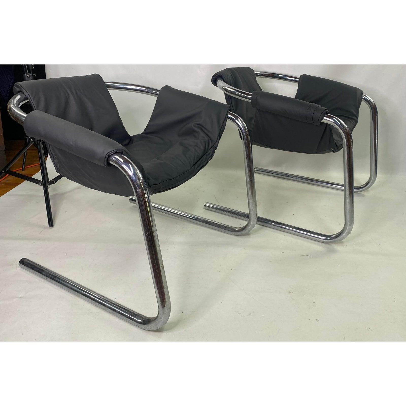 Vintage modern tubular chrome base zermatt chairs in leather a pair. Both have been reupholstered recently in leather.