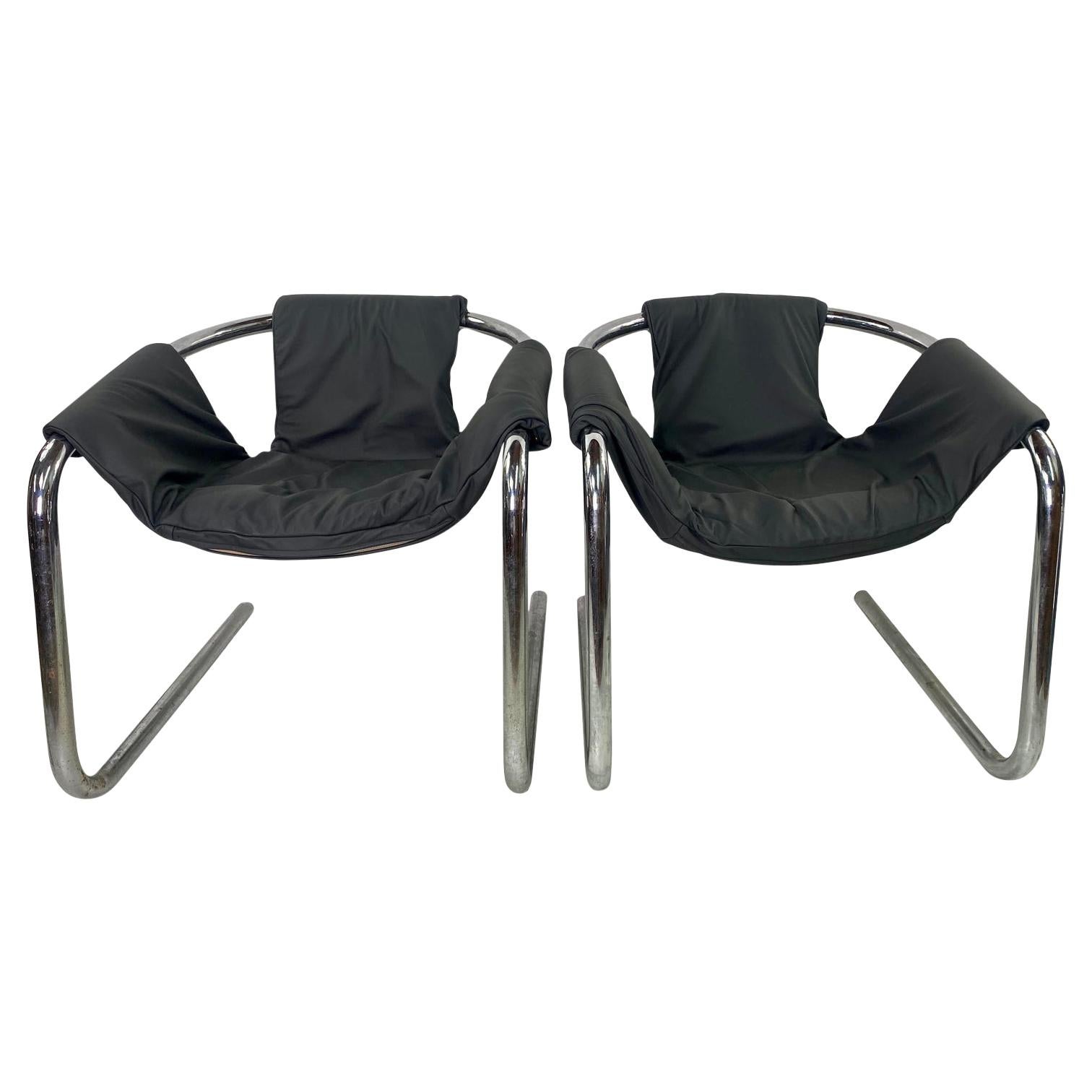 Vintage Modern Tubular Chrome Base Zermatt Chairs in Leather a Pair