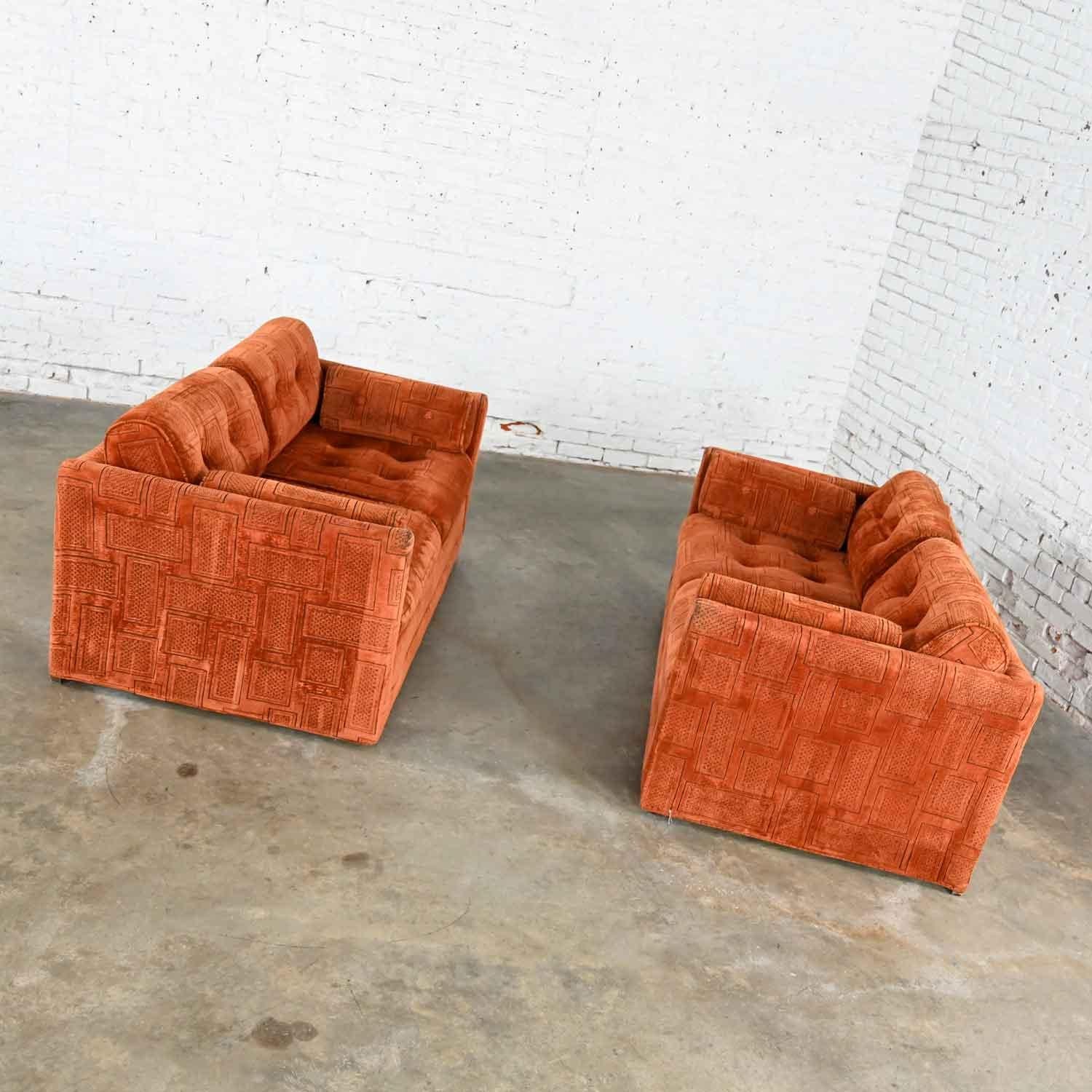 American Vintage Modern Tuxedo Style Love Seats Rust Fabric by Pem-Kay Furniture a Pair