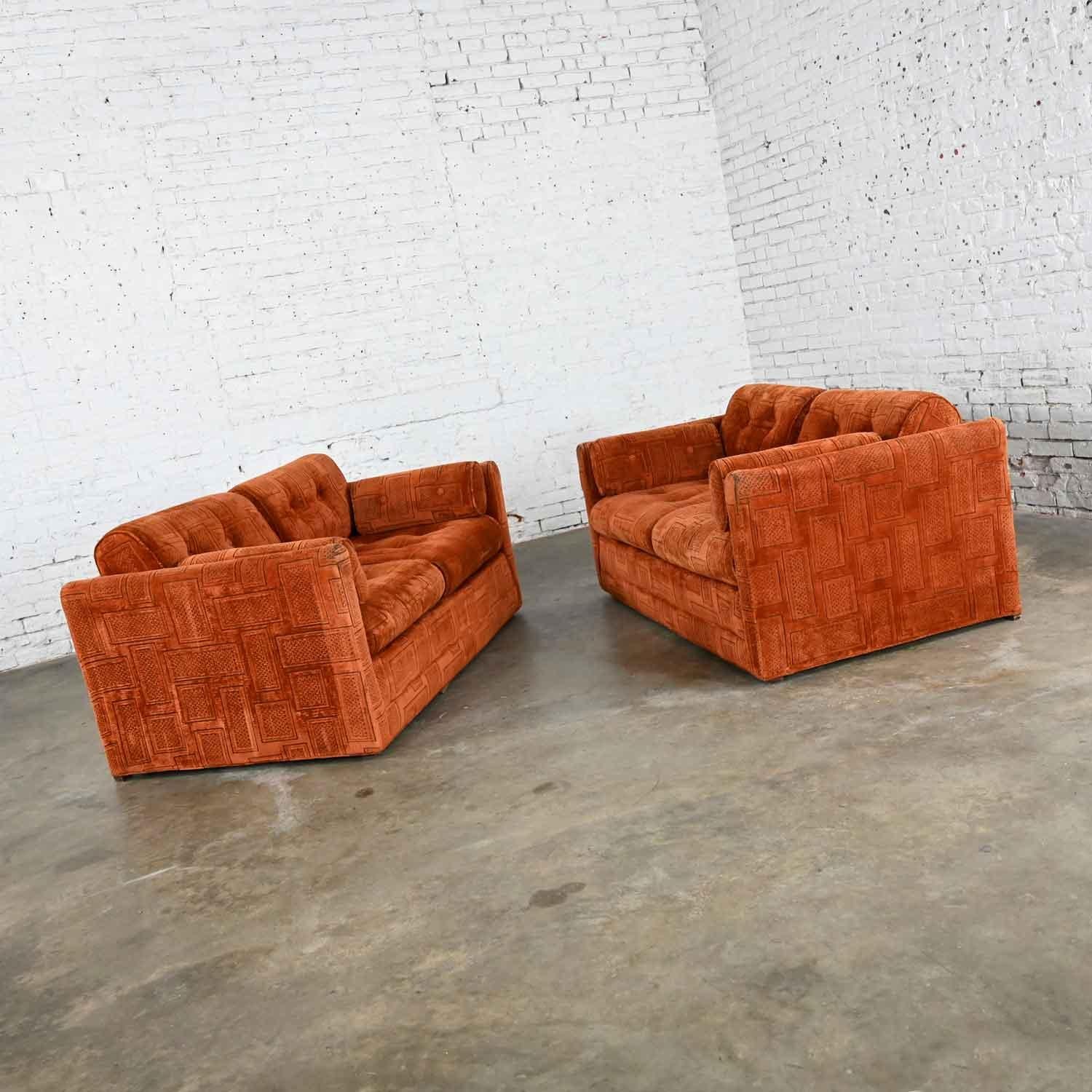 Vintage Modern Tuxedo Style Love Seats Rust Fabric by Pem-Kay Furniture a Pair In Good Condition In Topeka, KS